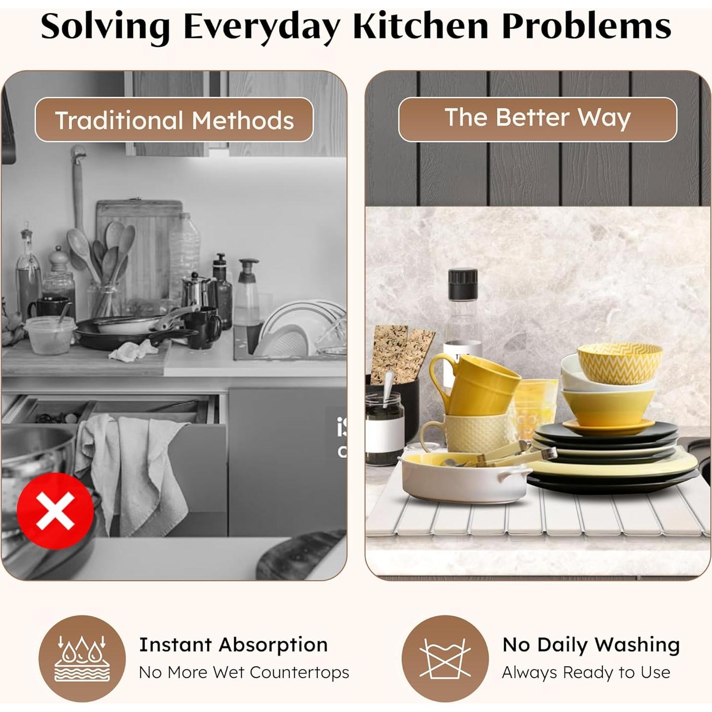 Stone Dish Drying Mat for Kitchen Counter 24"x16" – Natural Diatomaceous Earth Quick Dry Mat – XL Heat Resistant Countertop Protector – Absorbent Kitchen Accessory for Home or Gift Use