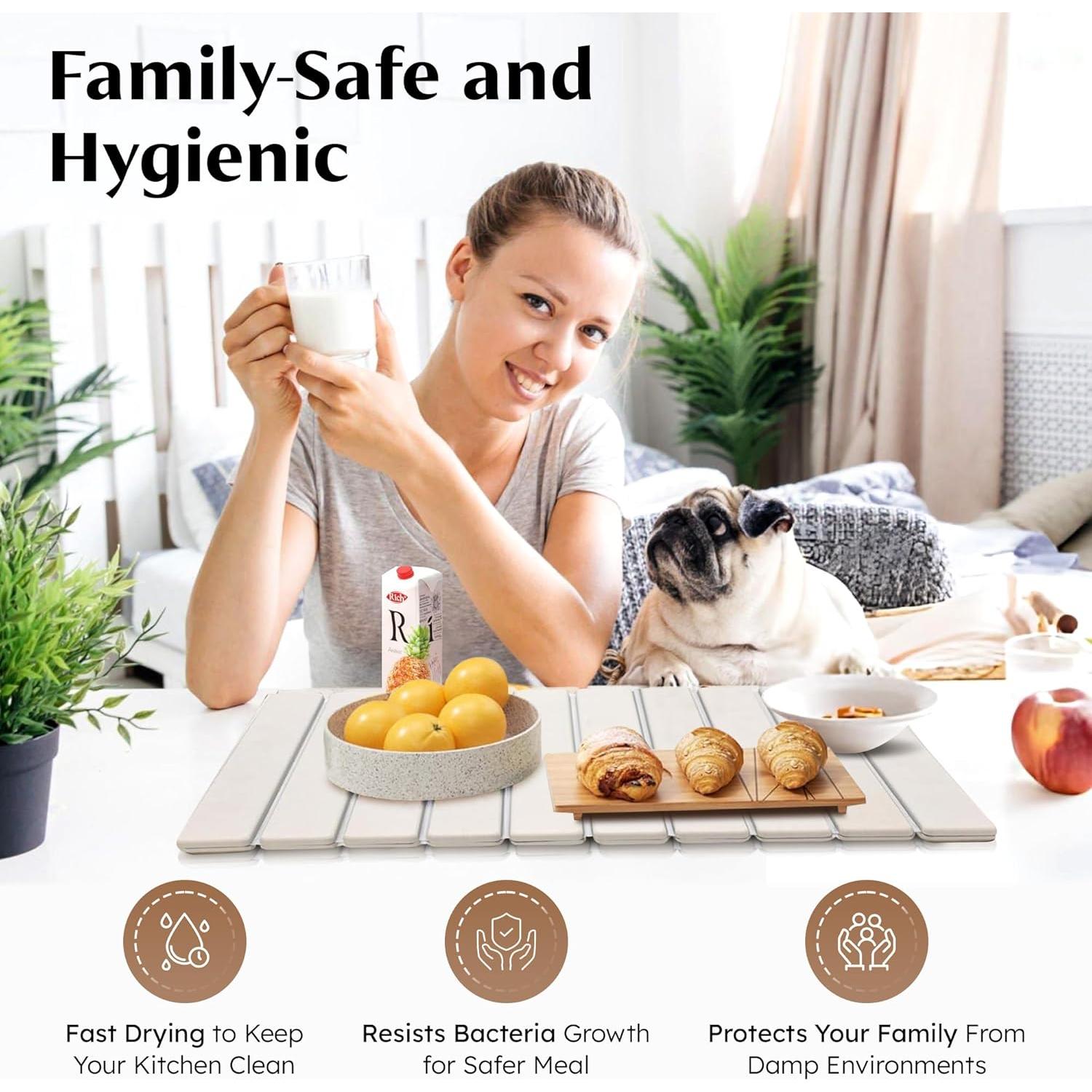 Stone Dish Drying Mat for Kitchen Counter 24"x16" – Natural Diatomaceous Earth Quick Dry Mat – XL Heat Resistant Countertop Protector – Absorbent Kitchen Accessory for Home or Gift Use