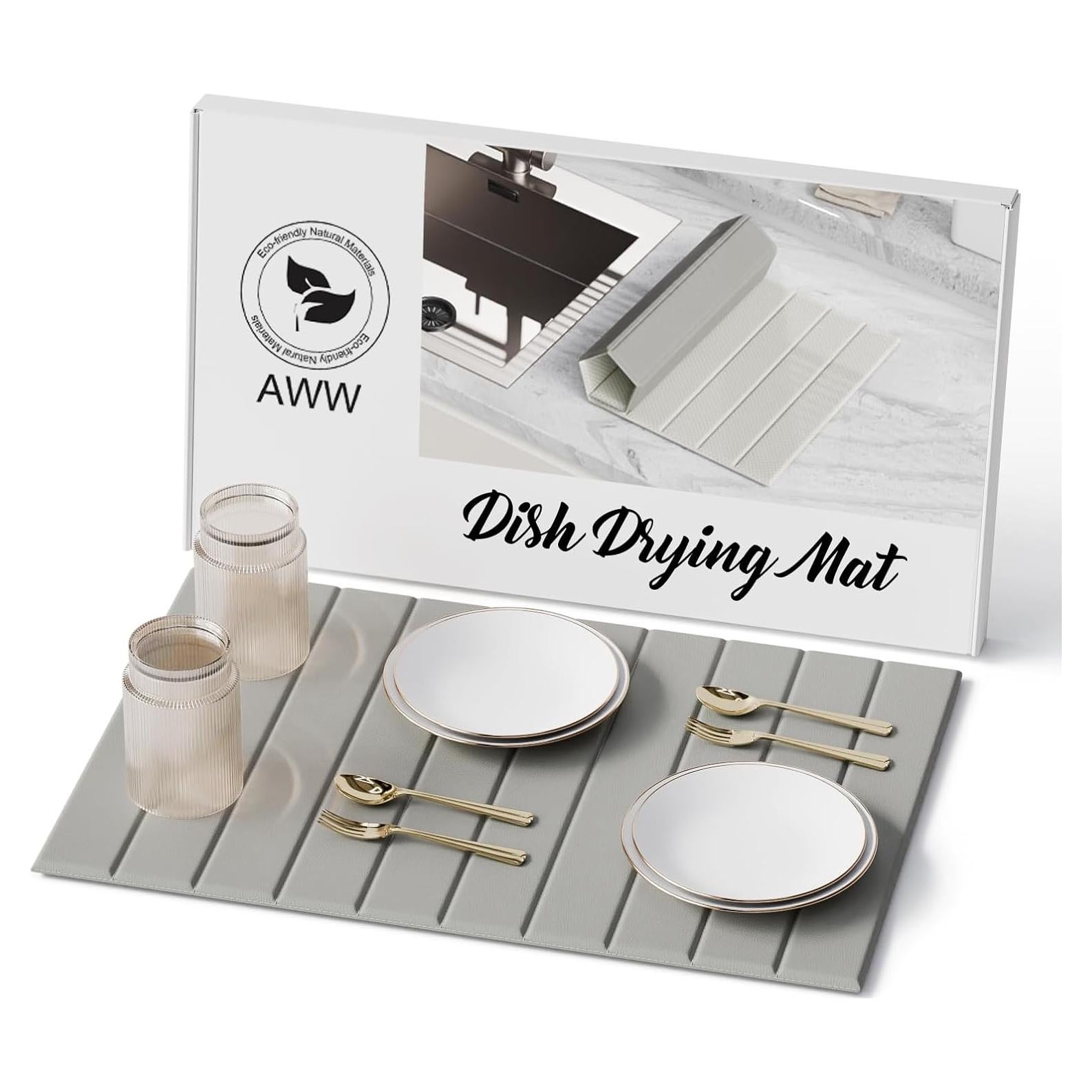 AWW Dish Drying Mat Large, Collapsible Stone Drying Mat for Kitchen Counter with PU Surface, Super Absorbent Diatomaceous Earth Kitchen Mat for Quick Dry, 24" x 16", Light Grey