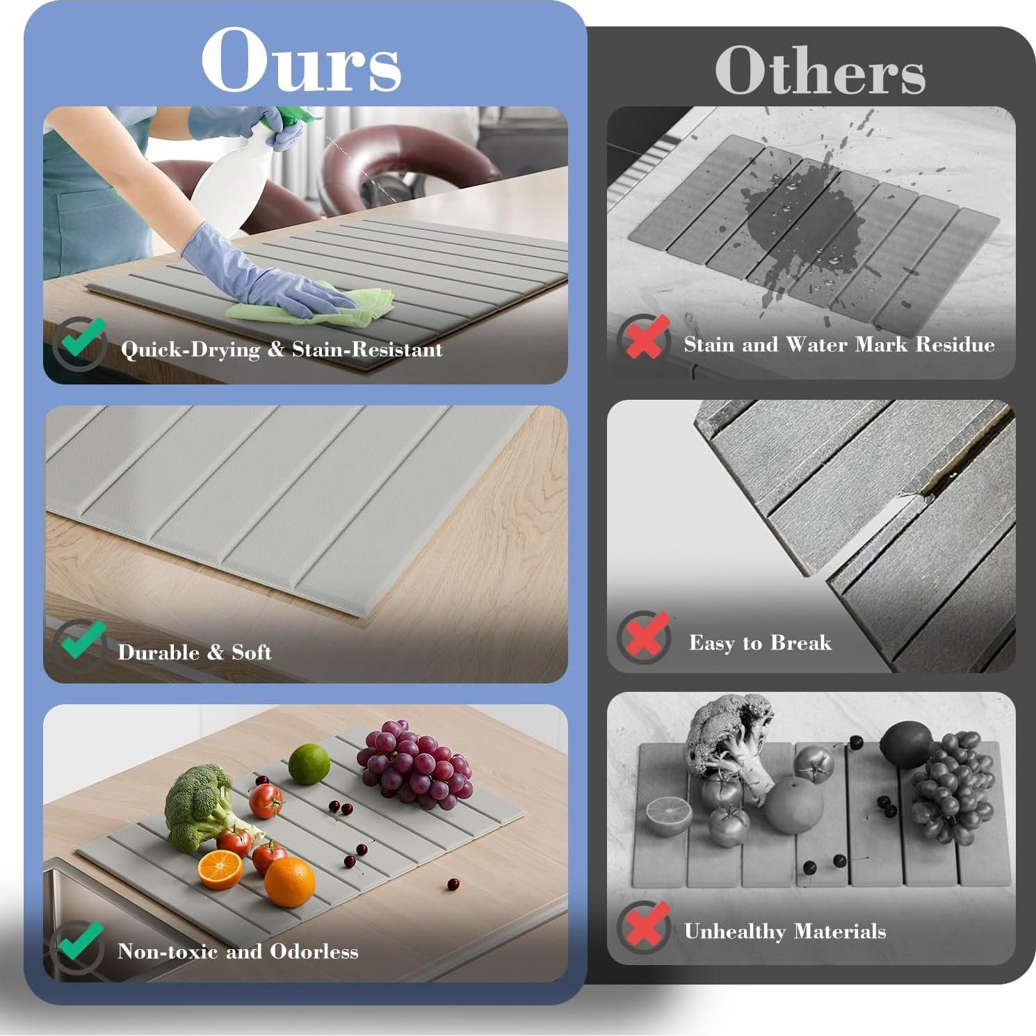 AWW Dish Drying Mat Large, Collapsible Stone Drying Mat for Kitchen Counter with PU Surface, Super Absorbent Diatomaceous Earth Kitchen Mat for Quick Dry, 24" x 16", Light Grey