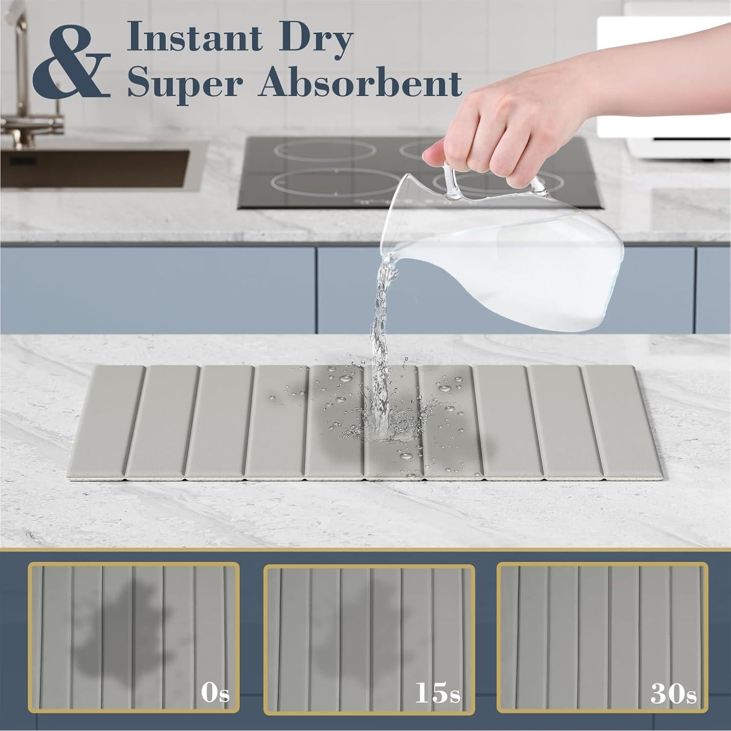 AWW Dish Drying Mat Large, Collapsible Stone Drying Mat for Kitchen Counter with PU Surface, Super Absorbent Diatomaceous Earth Kitchen Mat for Quick Dry, 24" x 16", Light Grey