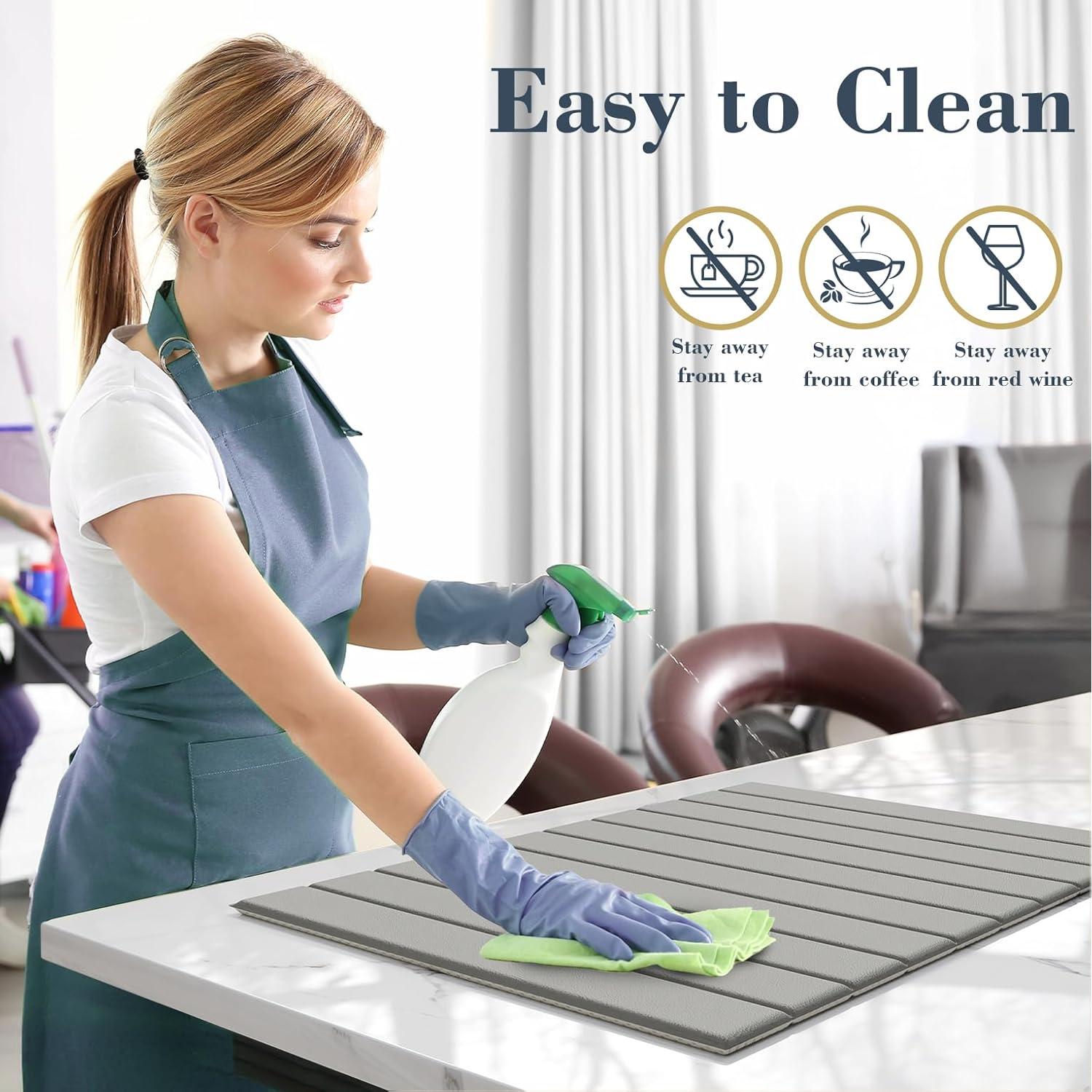 AWW Dish Drying Mat Large, Collapsible Stone Drying Mat for Kitchen Counter with PU Surface, Super Absorbent Diatomaceous Earth Kitchen Mat for Quick Dry, 24" x 16", Light Grey