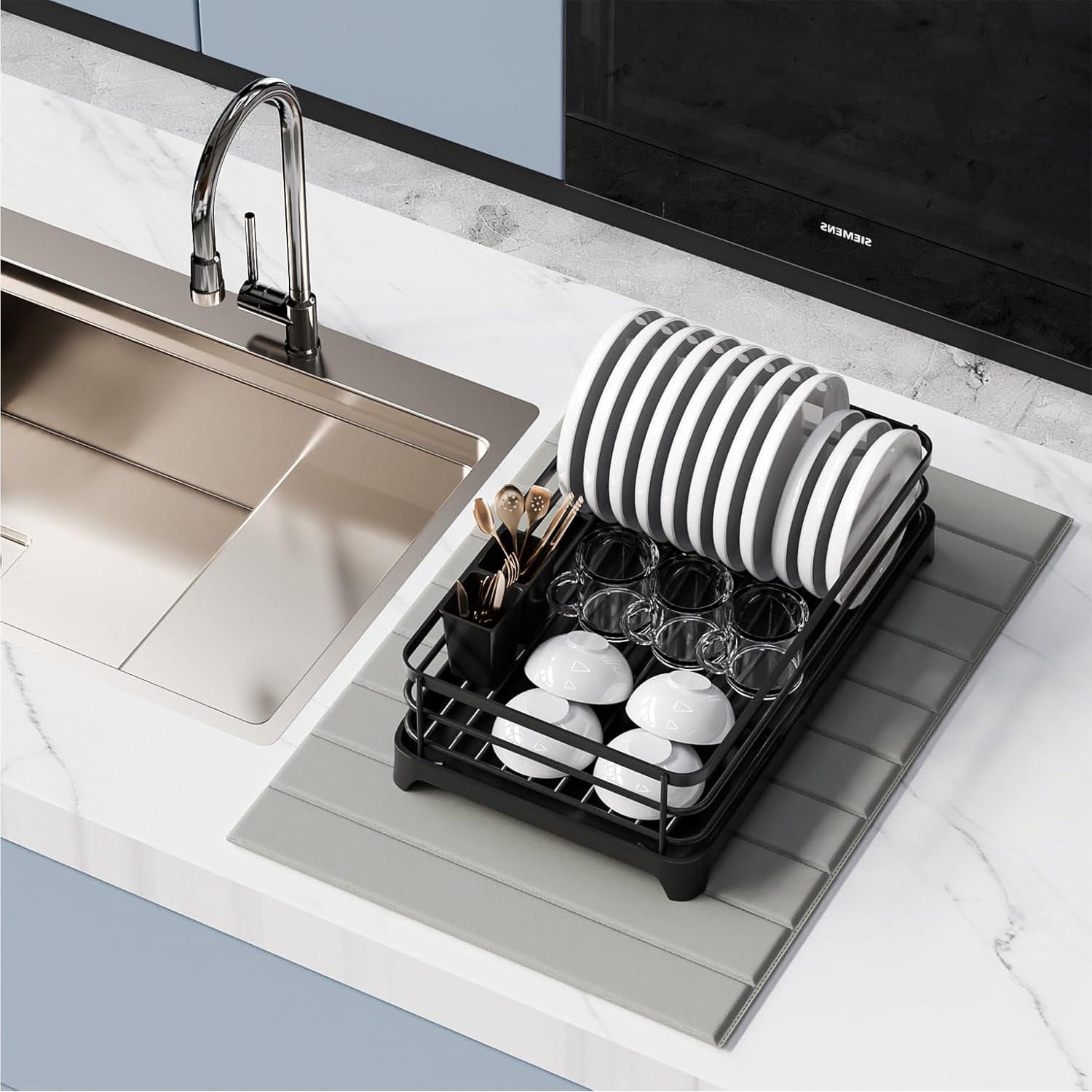 AWW Dish Drying Mat Large, Collapsible Stone Drying Mat for Kitchen Counter with PU Surface, Super Absorbent Diatomaceous Earth Kitchen Mat for Quick Dry, 24" x 16", Light Grey