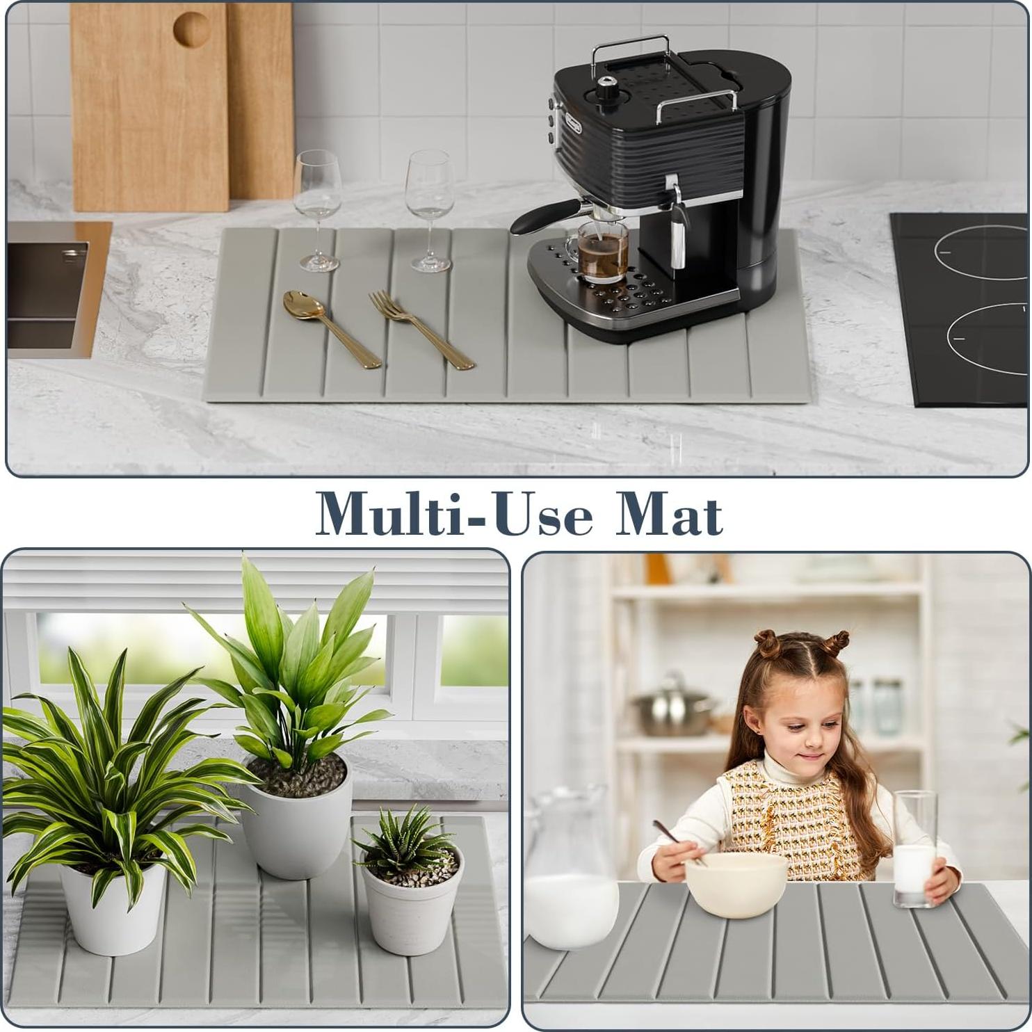 AWW Dish Drying Mat Large, Collapsible Stone Drying Mat for Kitchen Counter with PU Surface, Super Absorbent Diatomaceous Earth Kitchen Mat for Quick Dry, 24" x 16", Light Grey