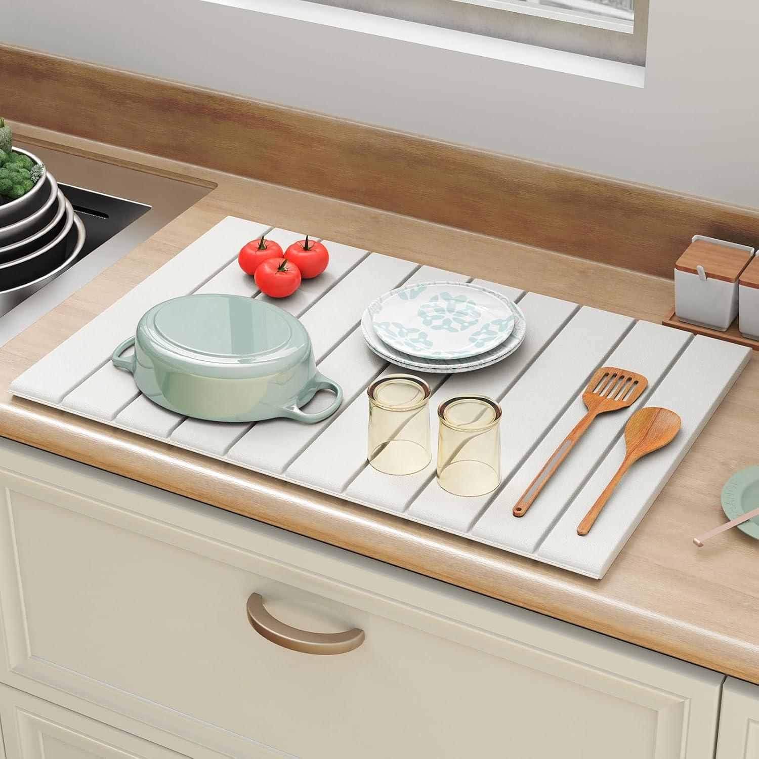 Stone Drying Mat for Kitchen Counter, Stone Dish Drying Mat Foldable, Large Water Absorbent Bath Mat Quick Dry for Kitchen Dishes Cups Bottles Bathroom Countertop - White