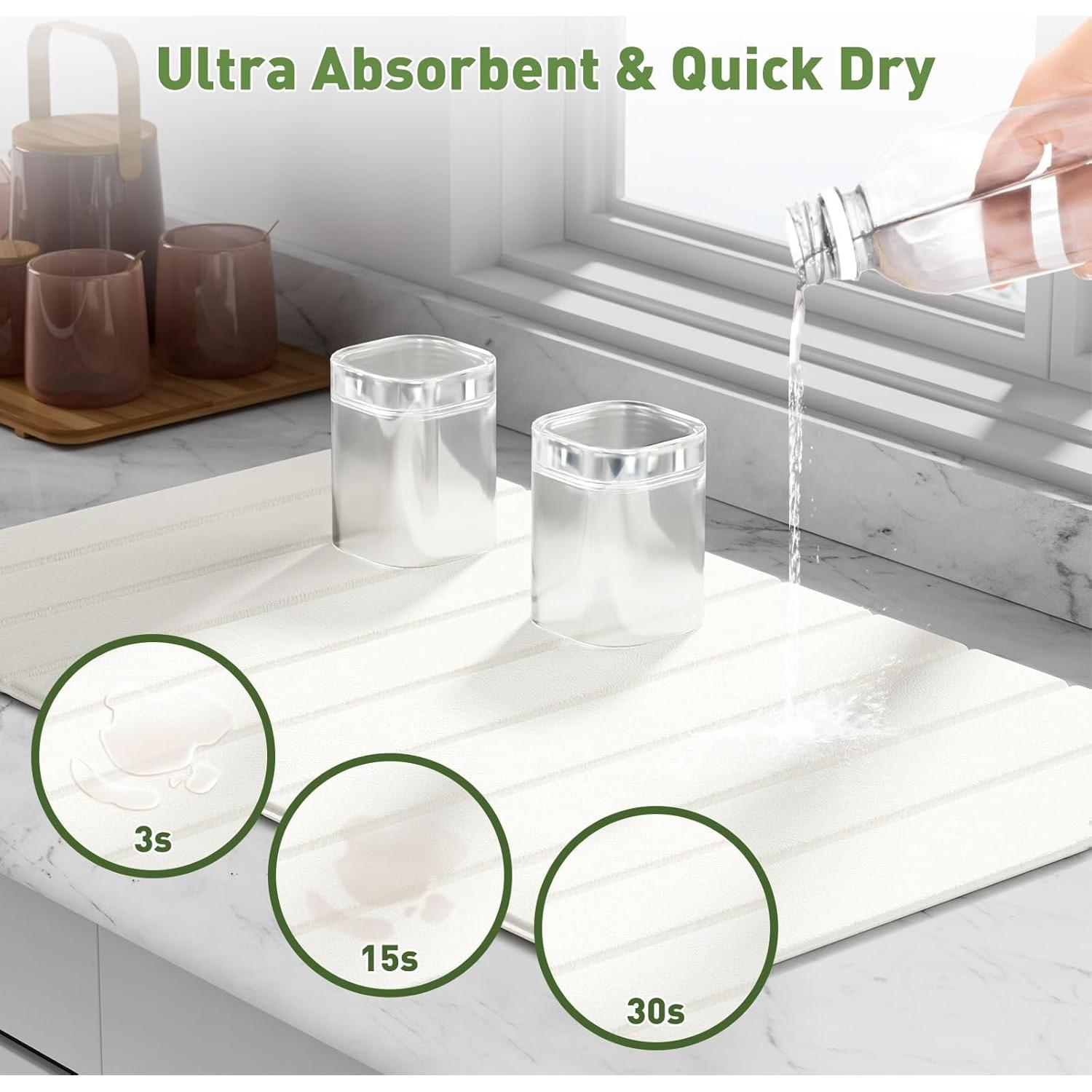 Stone Drying Mat for Kitchen Counter, Stone Dish Drying Mat Foldable, Large Water Absorbent Bath Mat Quick Dry for Kitchen Dishes Cups Bottles Bathroom Countertop - White