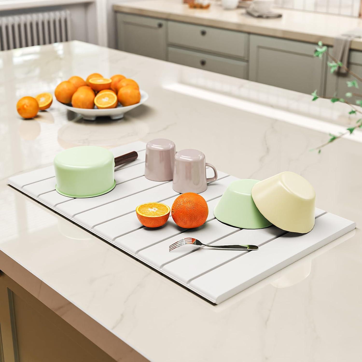 Stone Drying Mat for Kitchen Counter, Stone Dish Drying Mat Foldable, Large Water Absorbent Bath Mat Quick Dry for Kitchen Dishes Cups Bottles Bathroom Countertop - White