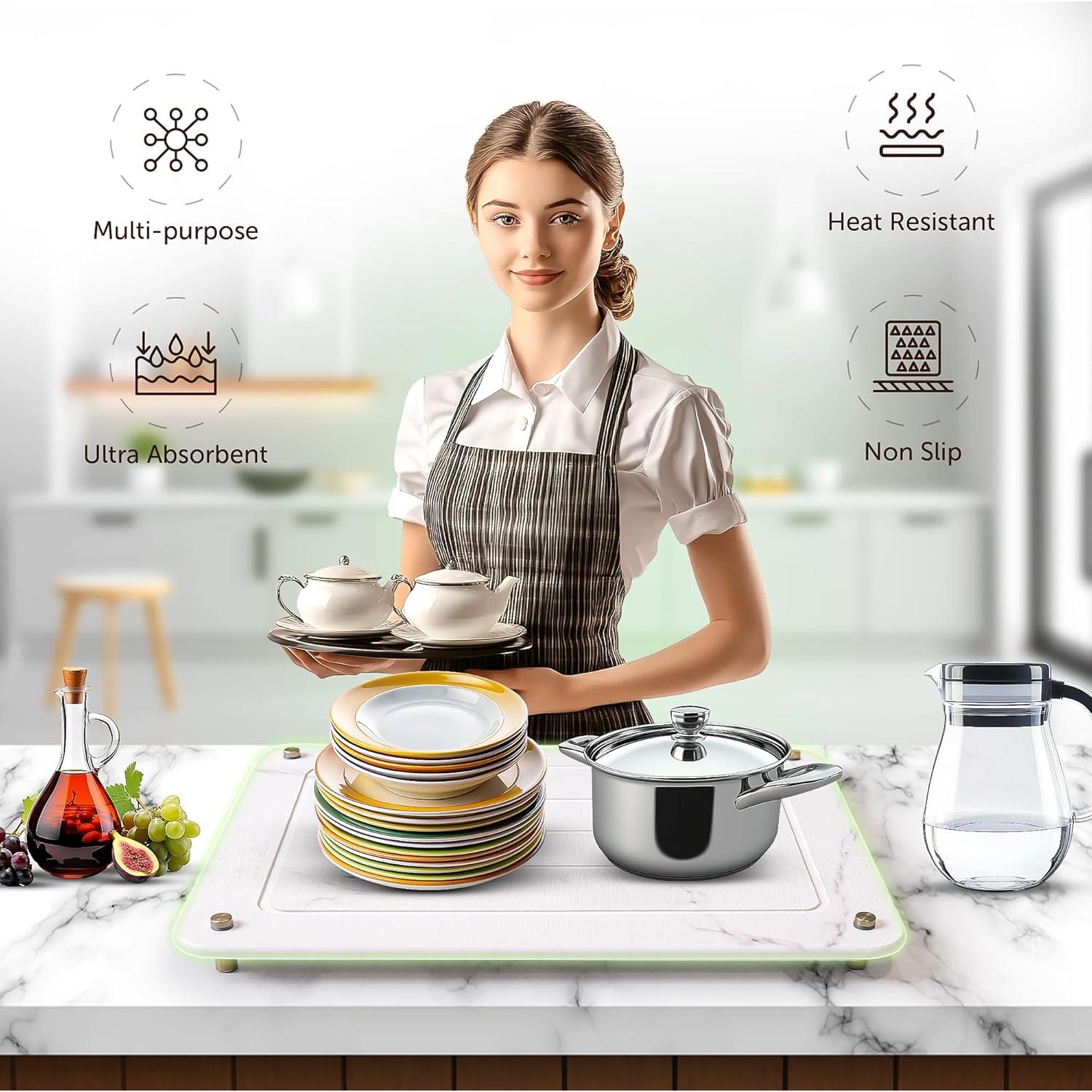 Stone Drying Mat for Kitchen Counter + Sink Caddy | 15.7"x11.8" Diatomaceous Earth Drying Mat with Stainless Steel Feet | Heat Resistant to 450°F | Eco-Friendly & Multipurpose Drying Mat