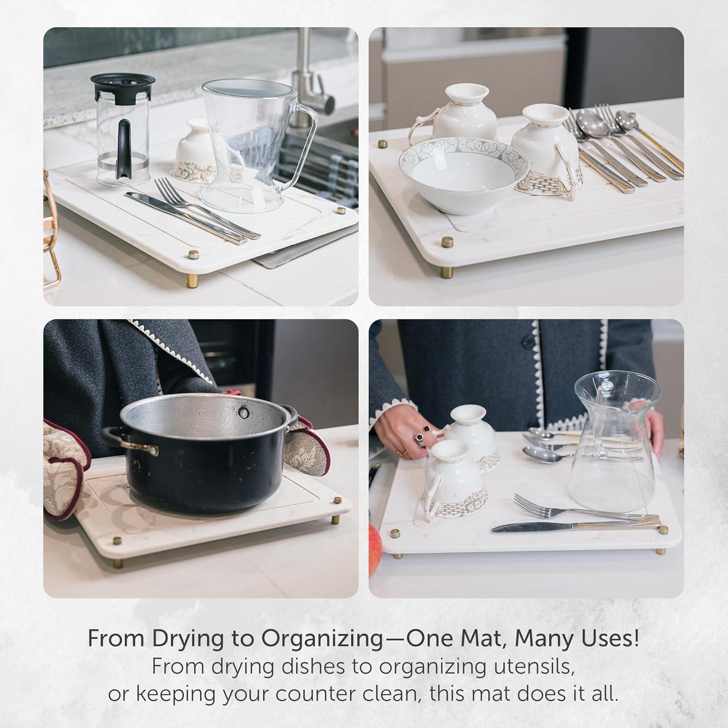 Stone Drying Mat for Kitchen Counter + Sink Caddy | 15.7"x11.8" Diatomaceous Earth Drying Mat with Stainless Steel Feet | Heat Resistant to 450°F | Eco-Friendly & Multipurpose Drying Mat