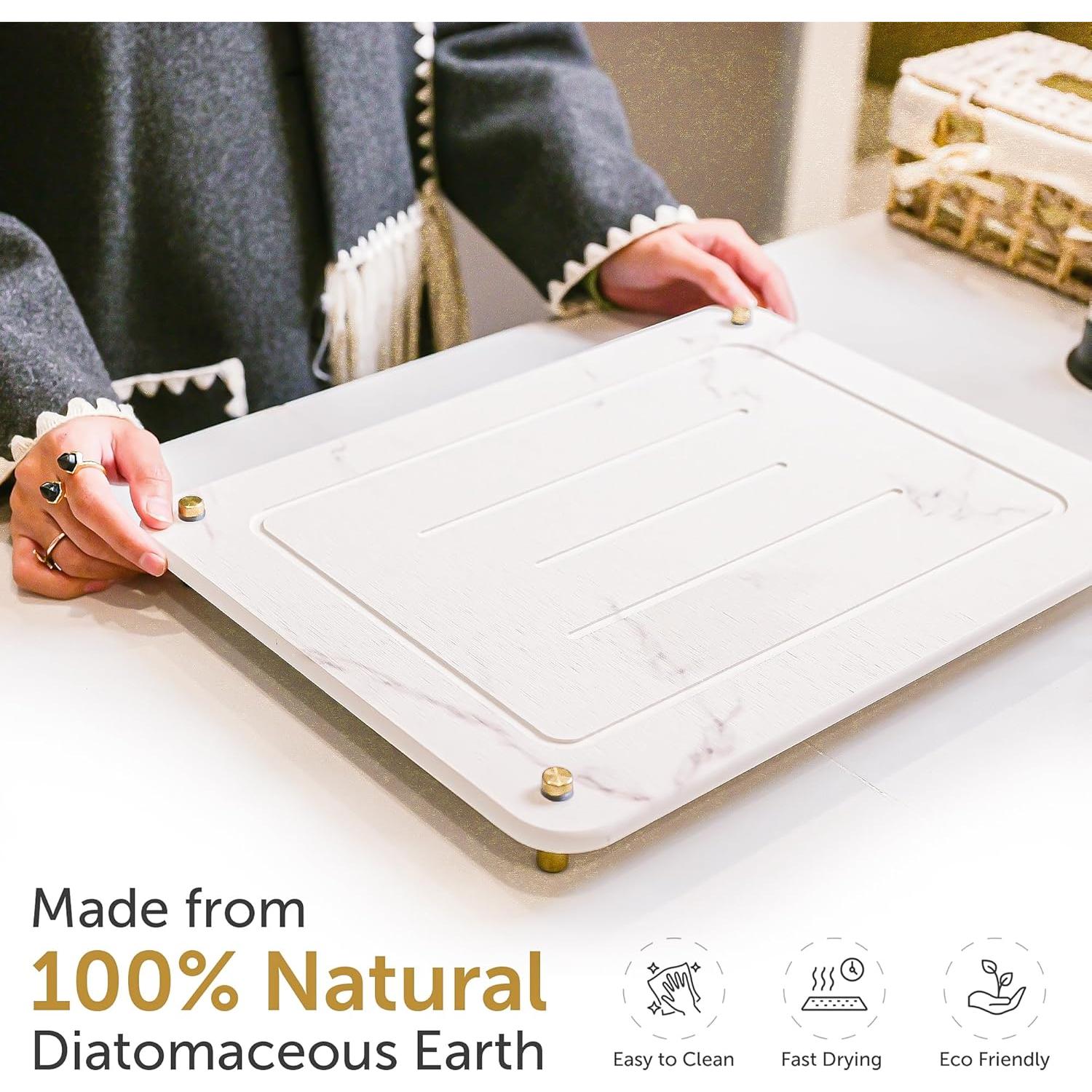 Stone Drying Mat for Kitchen Counter + Sink Caddy | 15.7"x11.8" Diatomaceous Earth Drying Mat with Stainless Steel Feet | Heat Resistant to 450°F | Eco-Friendly & Multipurpose Drying Mat