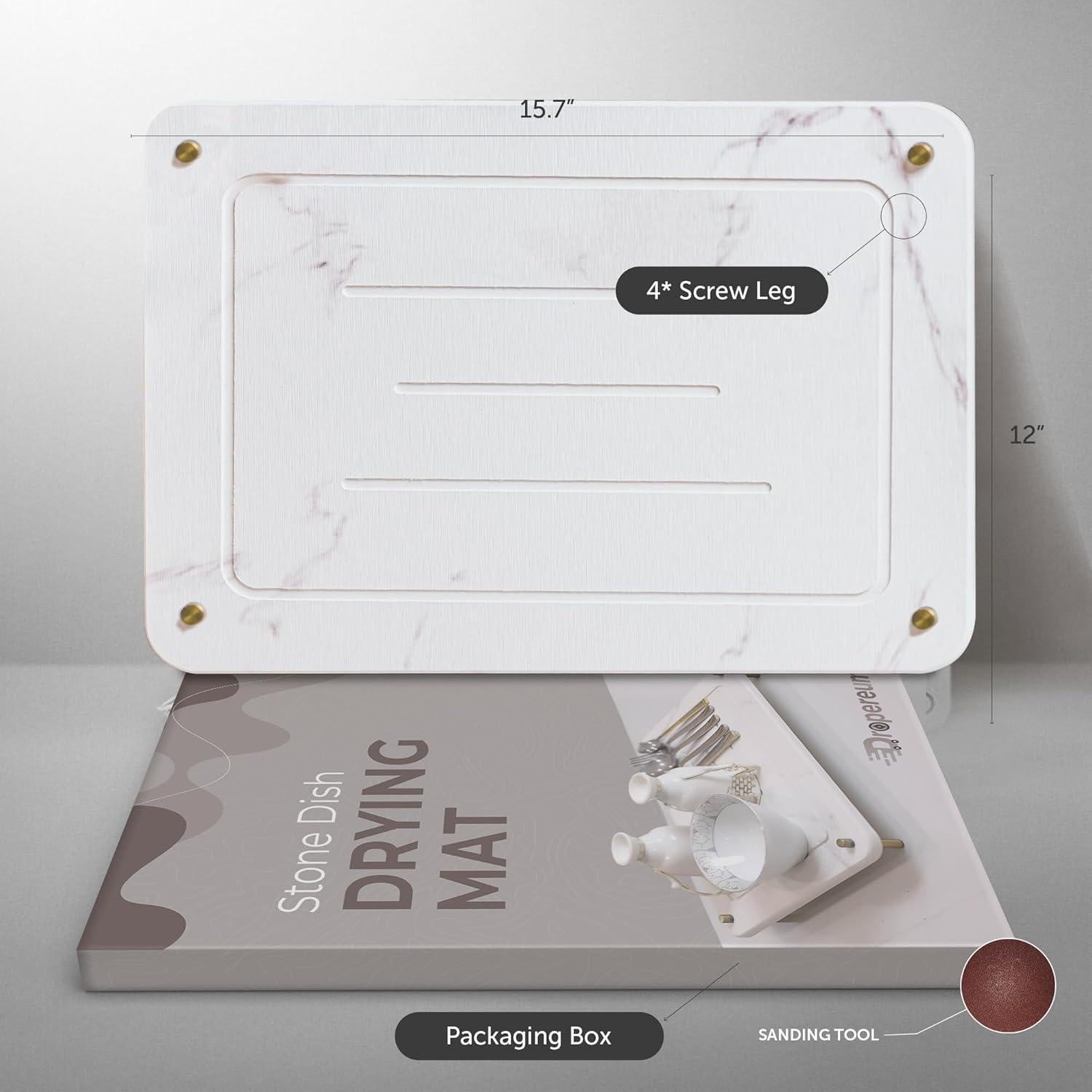 Stone Drying Mat for Kitchen Counter + Sink Caddy | 15.7"x11.8" Diatomaceous Earth Drying Mat with Stainless Steel Feet | Heat Resistant to 450°F | Eco-Friendly & Multipurpose Drying Mat