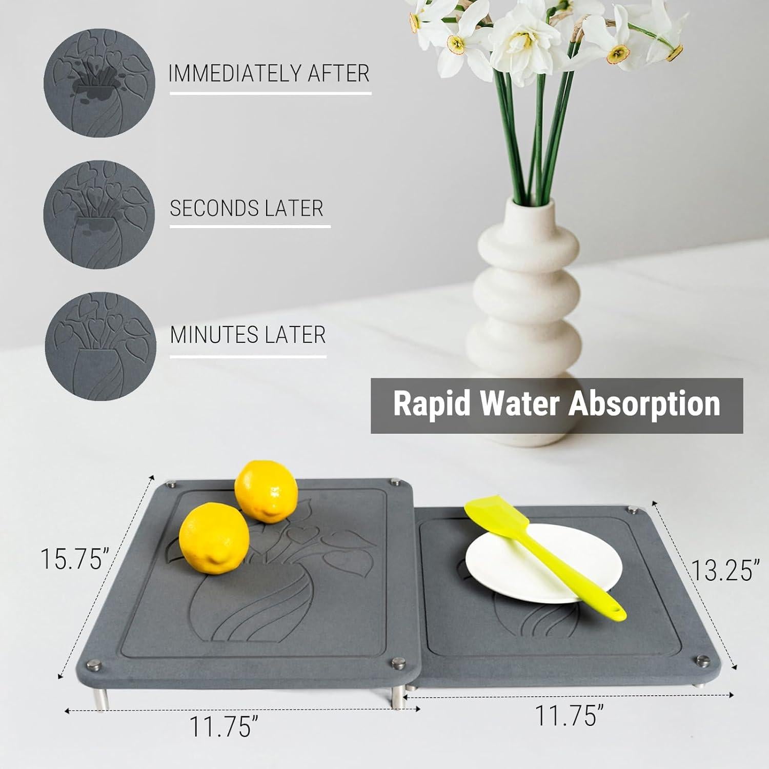 Tapete de Secado de Platos Feiyichi 2 Piezas Diatomita Gris