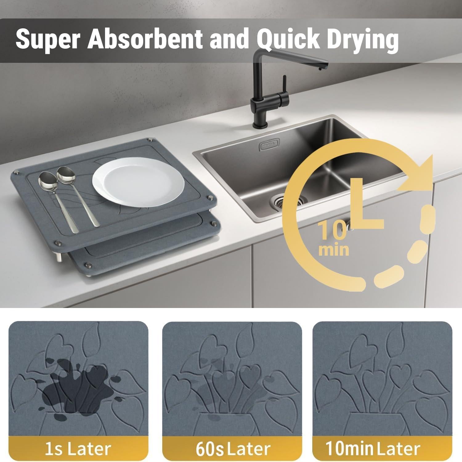 Tapete de Secado de Platos Feiyichi 2 Piezas Diatomita Gris