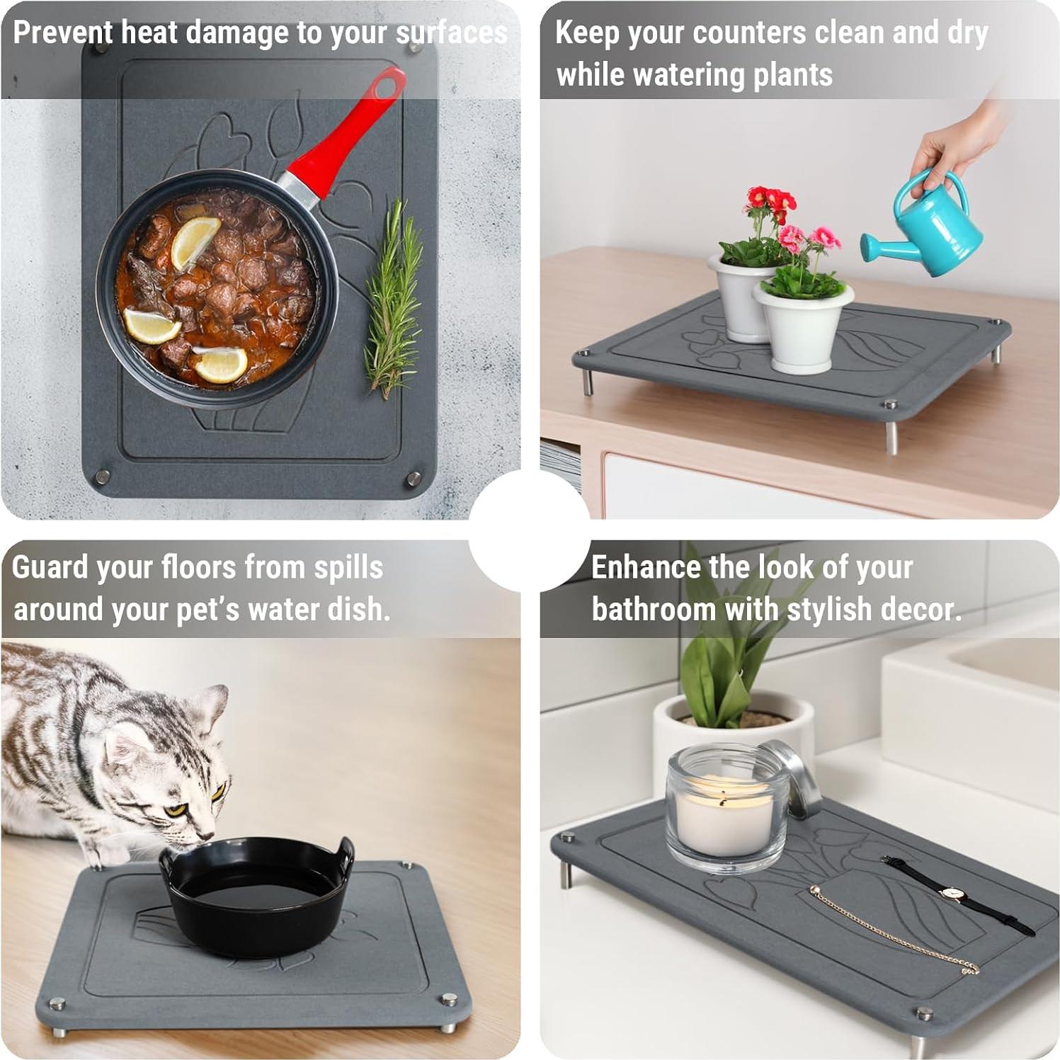 Tapete de Secado de Platos Feiyichi 2 Piezas Diatomita Gris