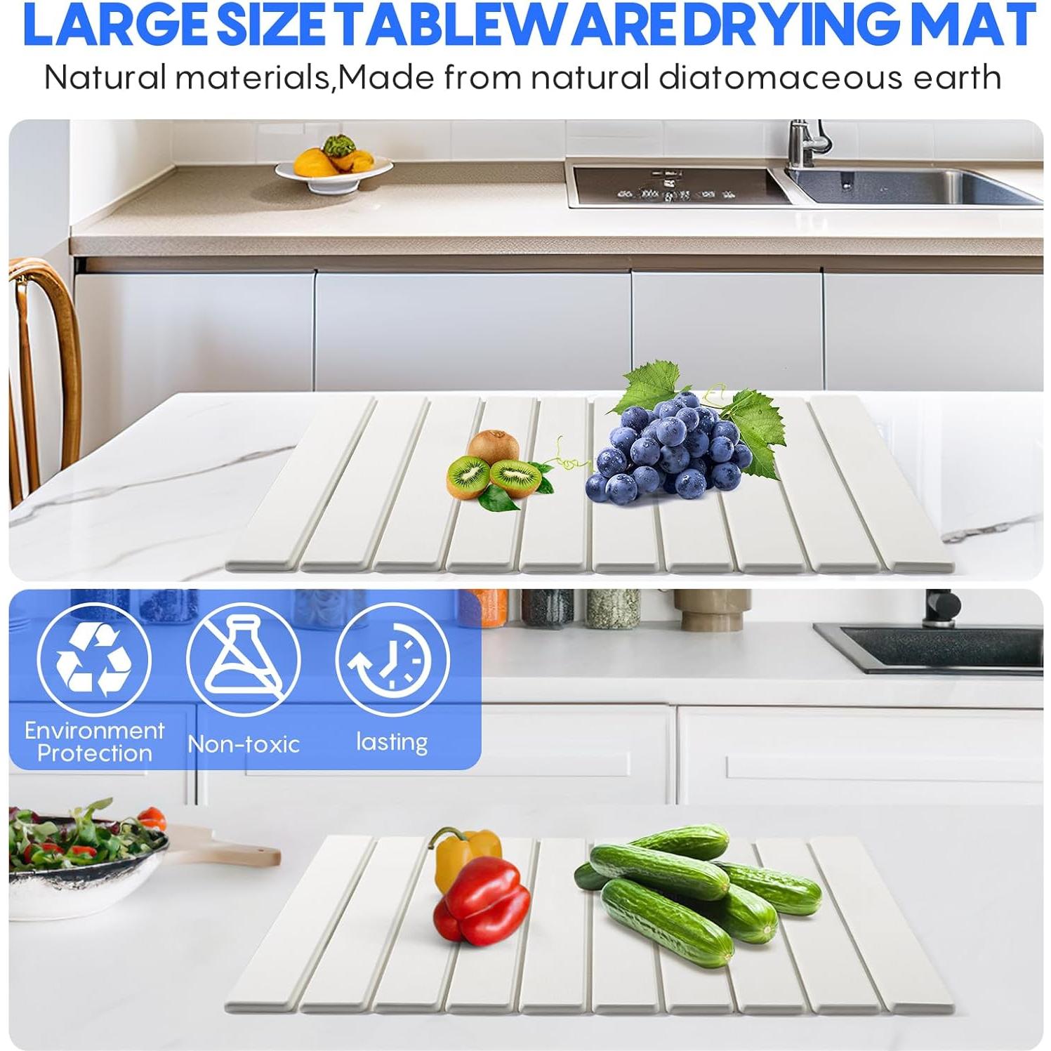 Paquete de 2 Tapetes de Secado de Platos Diatomita Blanco 24x16 cm