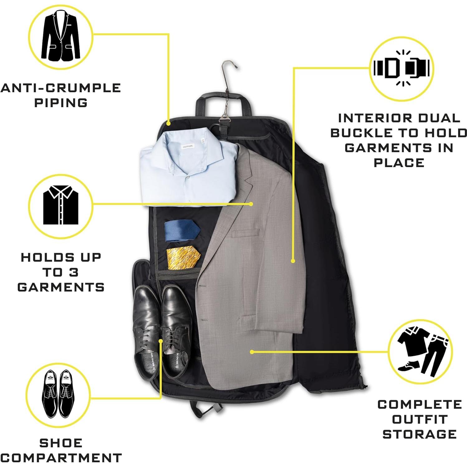 Premium Suit Garment Bag Carry On - Hangs 4 Suits - Travel & Business with Shoulder Strap and Laptop Compartment