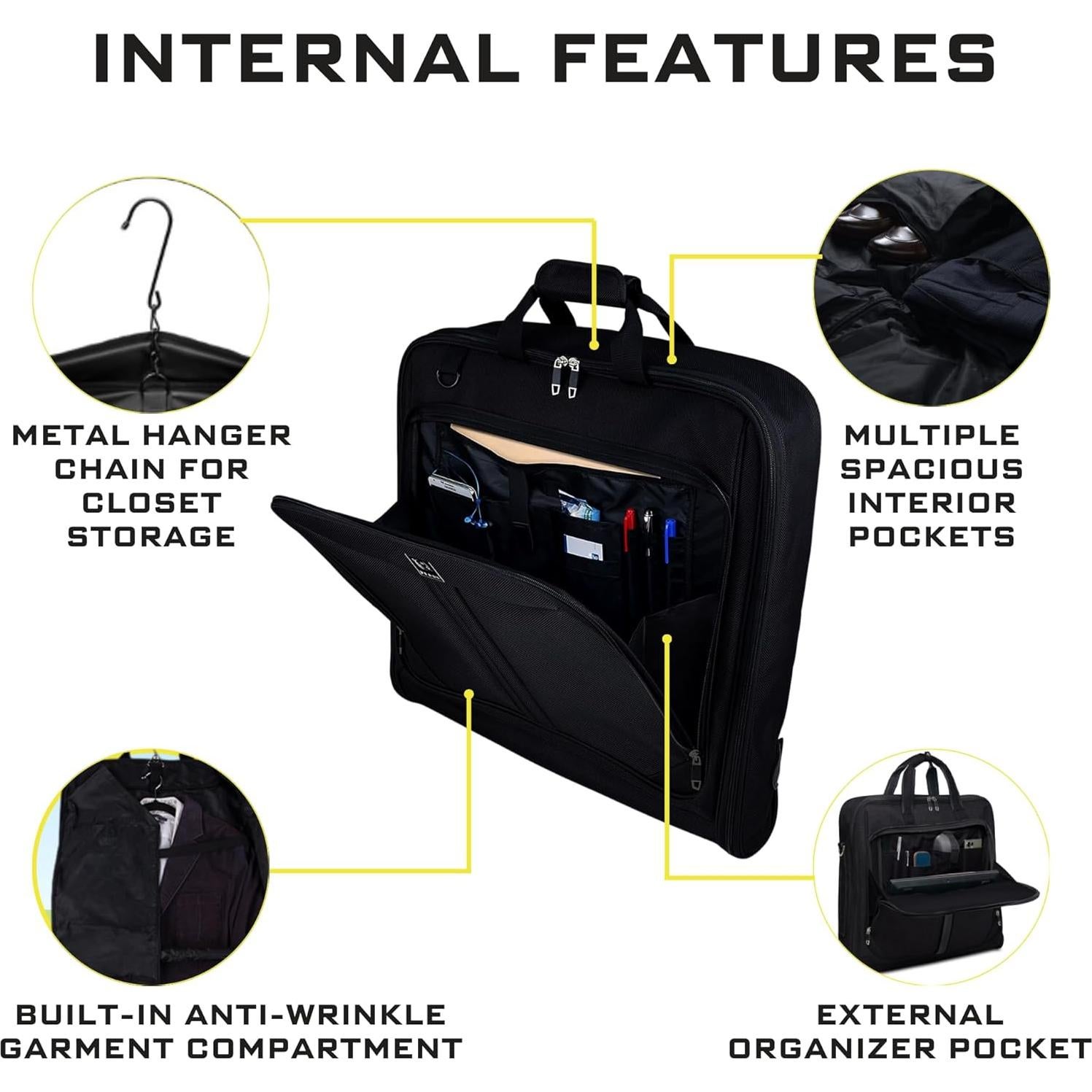 Premium Suit Garment Bag Carry On - Hangs 4 Suits - Travel & Business with Shoulder Strap and Laptop Compartment