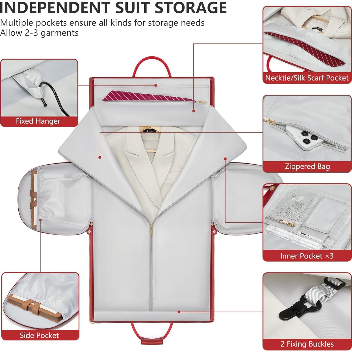 Leather Garment Bags for Travel, Convertible Carry on Garment Duffel Bag for Women, 2 in 1 Waterproof Foldable Travel Suit Bag with Shoulder Strap Weekender Bag with Shoe Pouch, Red