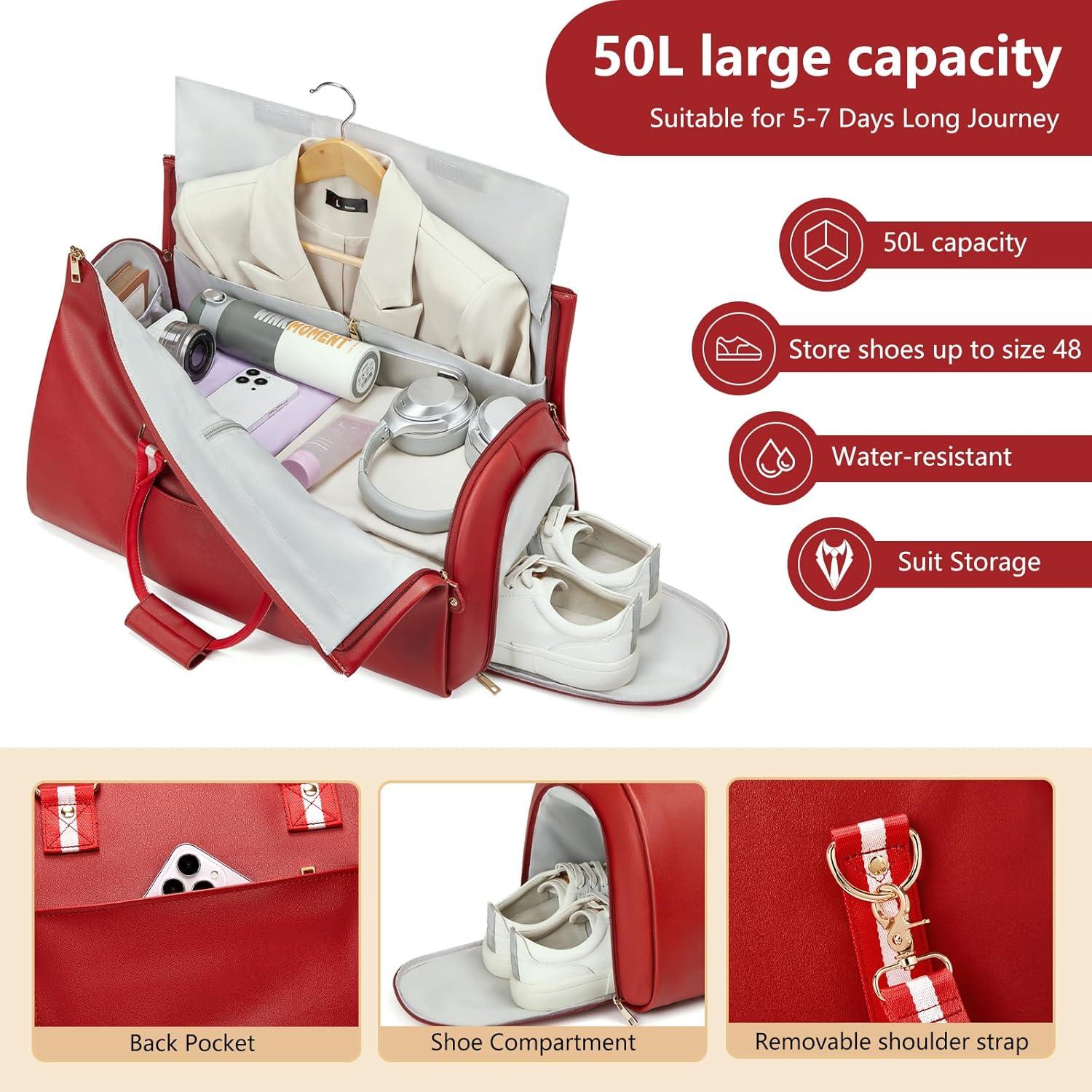 Leather Garment Bags for Travel, Convertible Carry on Garment Duffel Bag for Women, 2 in 1 Waterproof Foldable Travel Suit Bag with Shoulder Strap Weekender Bag with Shoe Pouch, Red