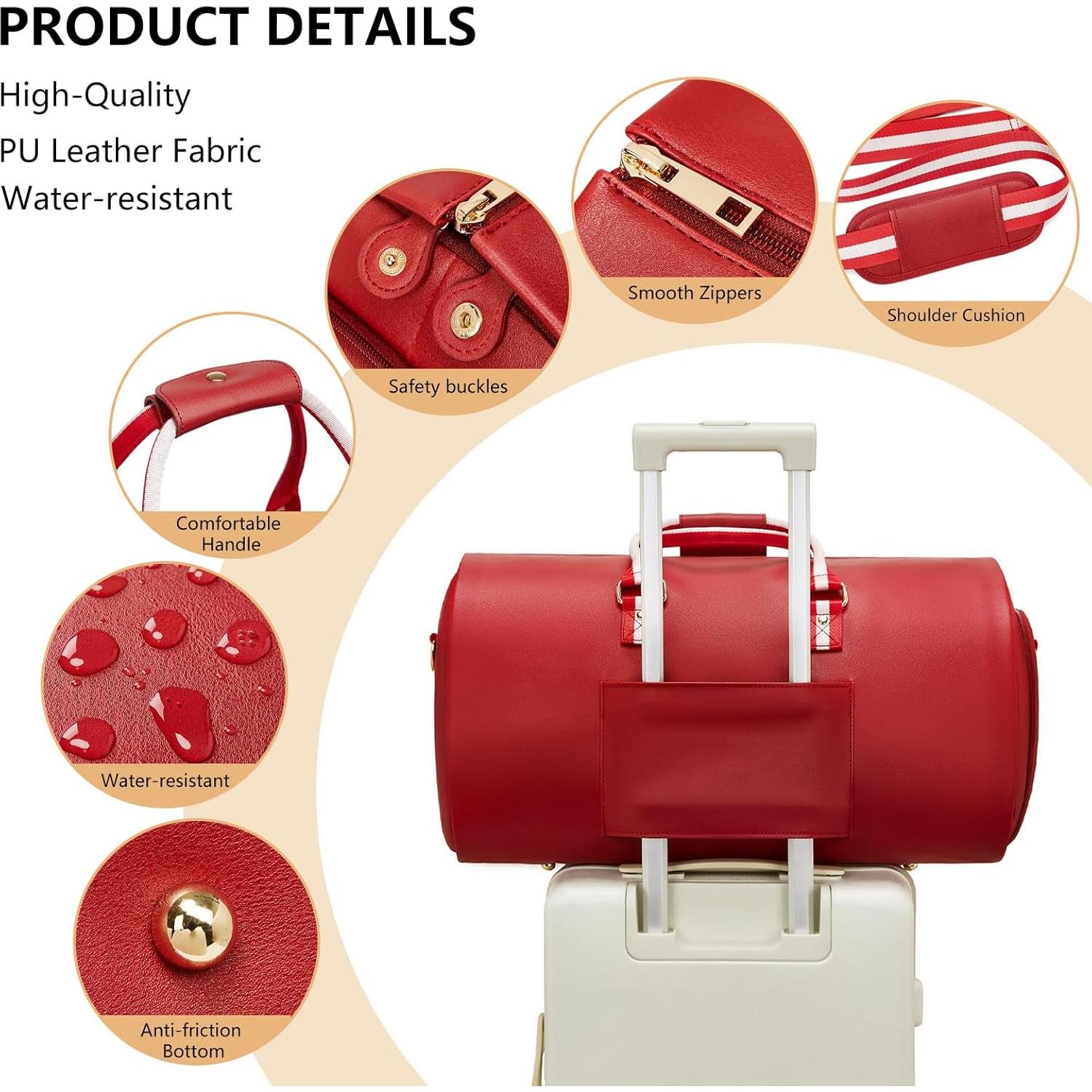 Leather Garment Bags for Travel, Convertible Carry on Garment Duffel Bag for Women, 2 in 1 Waterproof Foldable Travel Suit Bag with Shoulder Strap Weekender Bag with Shoe Pouch, Red