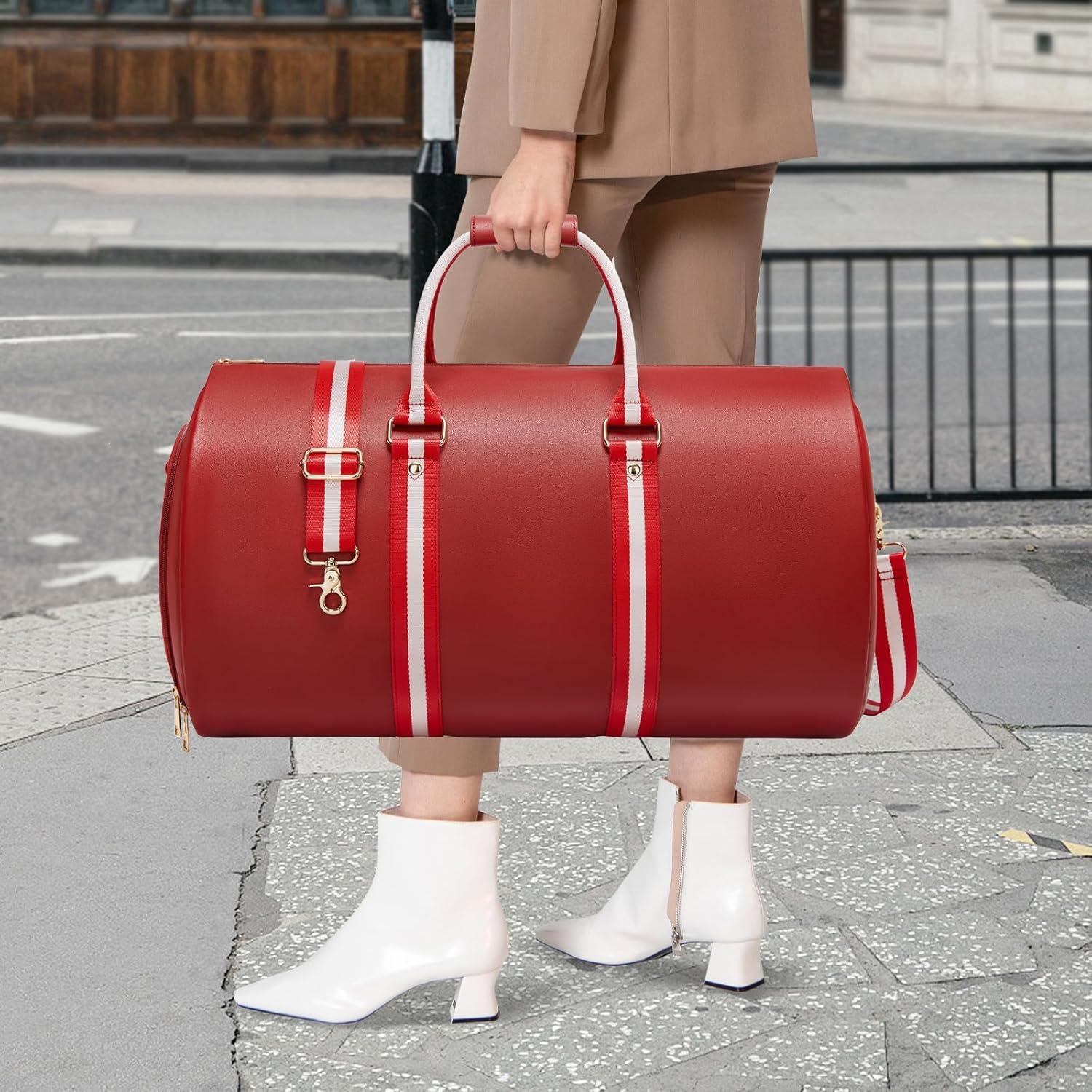 Leather Garment Bags for Travel, Convertible Carry on Garment Duffel Bag for Women, 2 in 1 Waterproof Foldable Travel Suit Bag with Shoulder Strap Weekender Bag with Shoe Pouch, Red