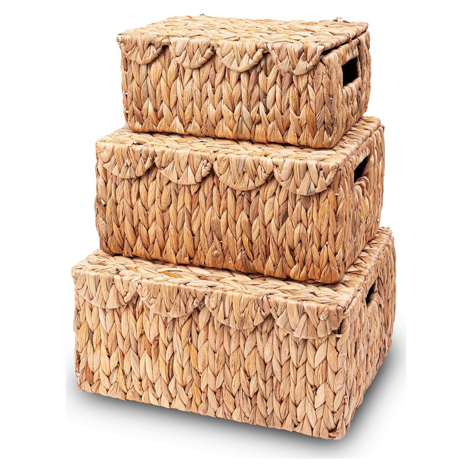 Set of 3 Scalloped Edge Wicker Basket with Lid, Rectangle Wicker Storage Basket with Built-in Handles, Multipurpose Organizer Rattan Display Boxes for Shelf, Nursery Room