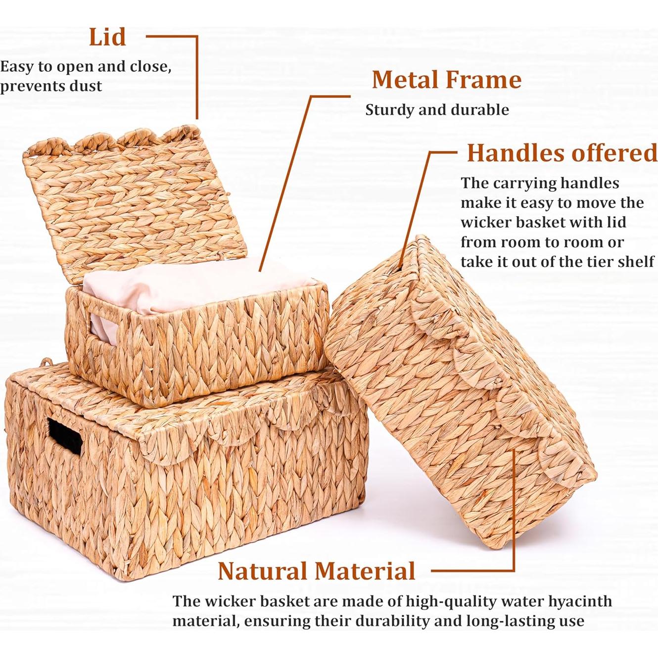 Set of 3 Scalloped Edge Wicker Basket with Lid, Rectangle Wicker Storage Basket with Built-in Handles, Multipurpose Organizer Rattan Display Boxes for Shelf, Nursery Room