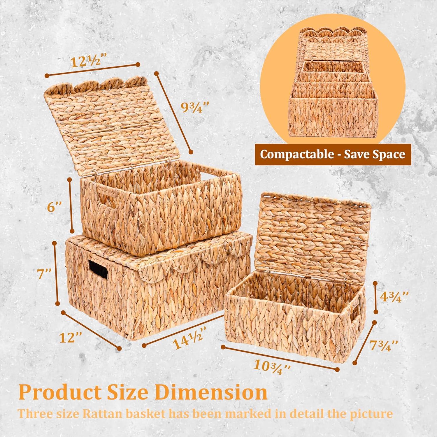 Set of 3 Scalloped Edge Wicker Basket with Lid, Rectangle Wicker Storage Basket with Built-in Handles, Multipurpose Organizer Rattan Display Boxes for Shelf, Nursery Room