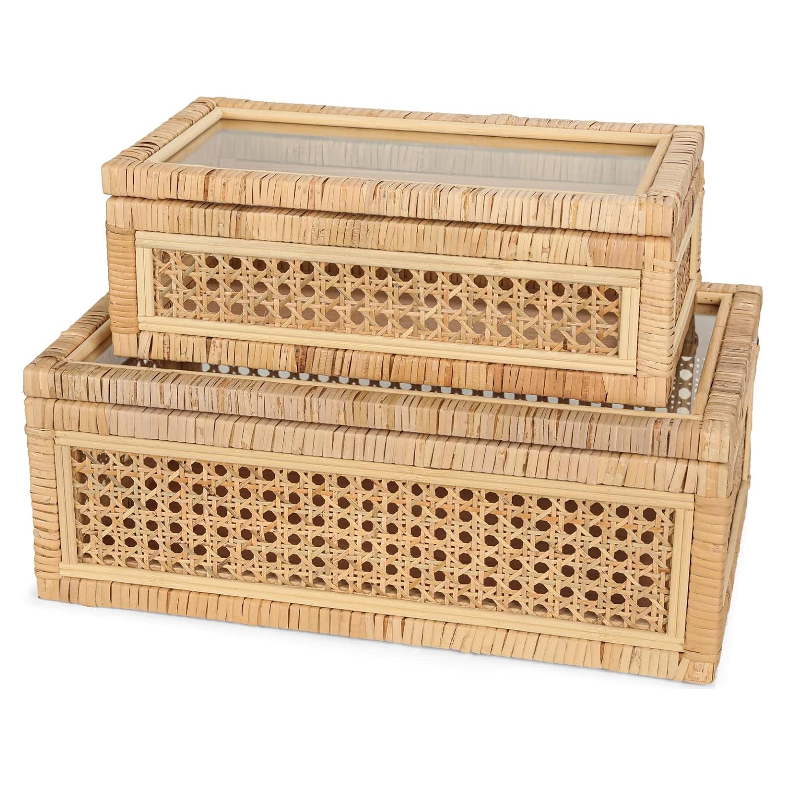 Handwoven Boho Rattan Display Boxes with Glass Lids - Set of 2 Rectangular Decorative Storage Bins - Natural Woven Cane Home Decor Organizers