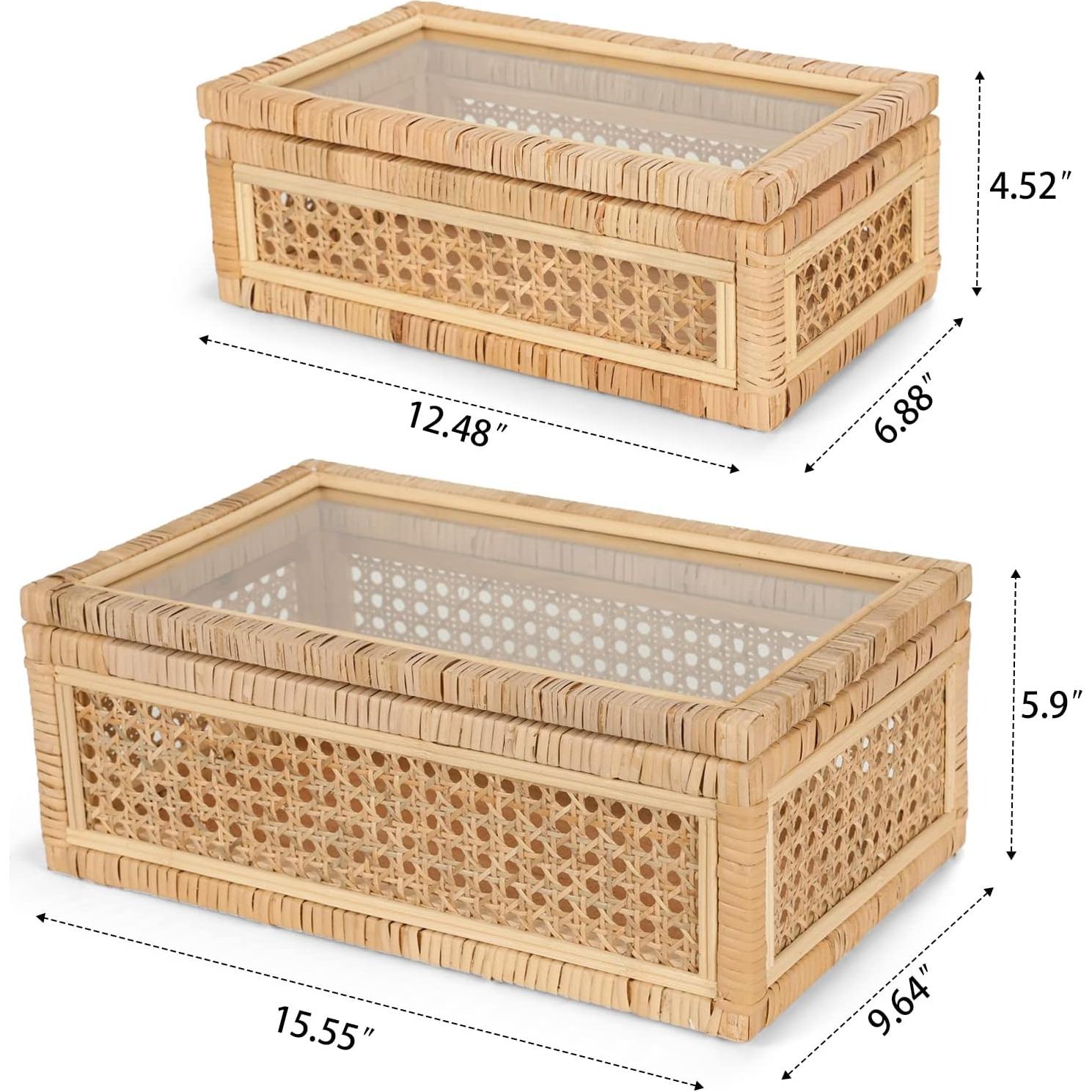 Handwoven Boho Rattan Display Boxes with Glass Lids - Set of 2 Rectangular Decorative Storage Bins - Natural Woven Cane Home Decor Organizers