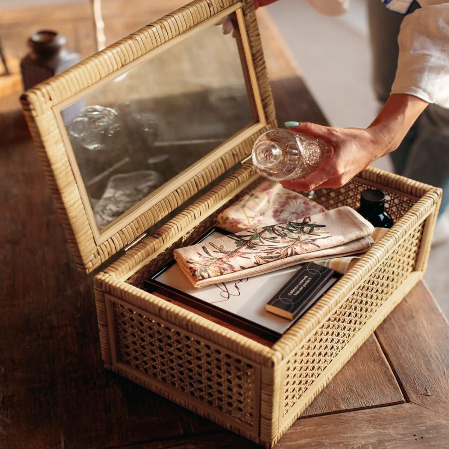 Handwoven Boho Rattan Display Boxes with Glass Lids - Set of 2 Rectangular Decorative Storage Bins - Natural Woven Cane Home Decor Organizers
