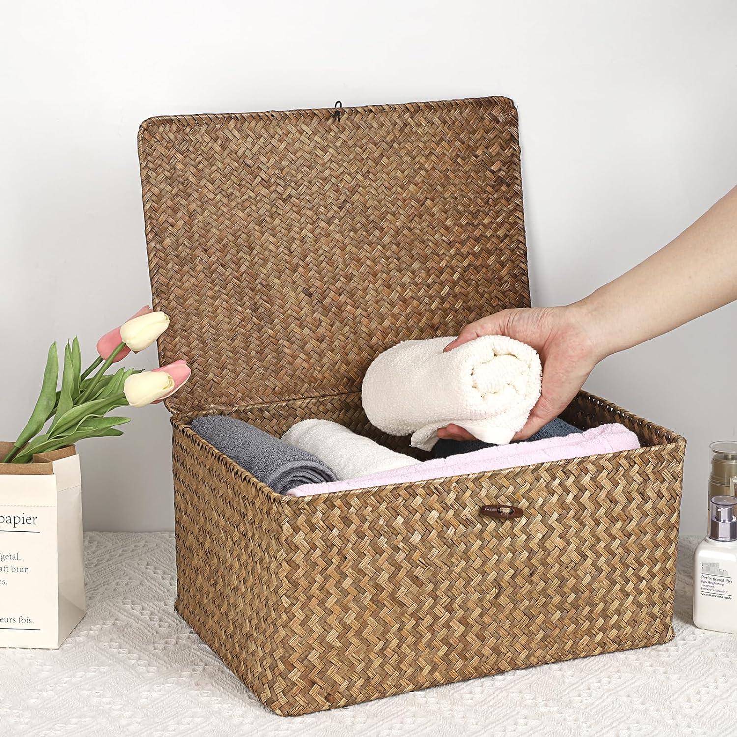 Cesta de Almacenamiento Hipiwe Extra Grande de Hierba Marina con Tapa