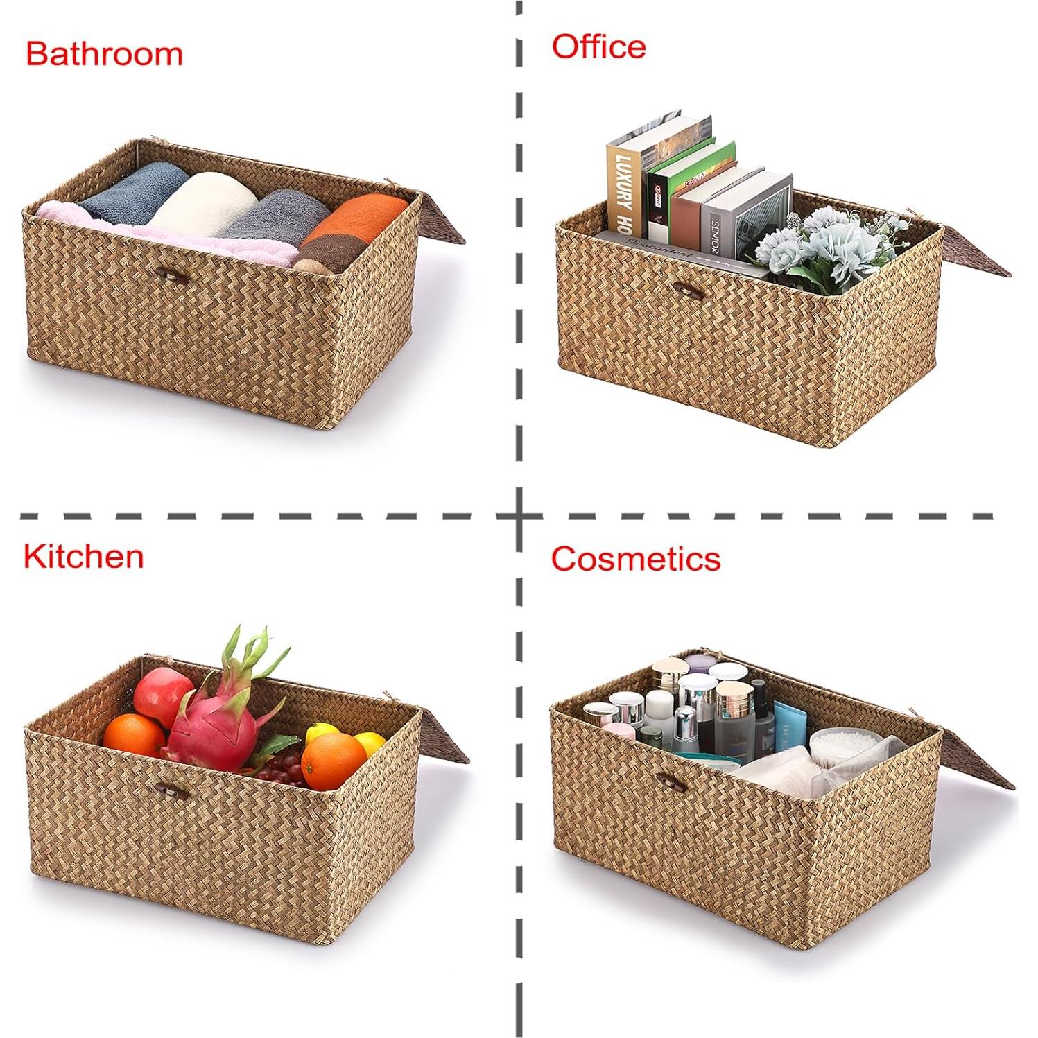 Cesta de Almacenamiento Hipiwe Extra Grande de Hierba Marina con Tapa