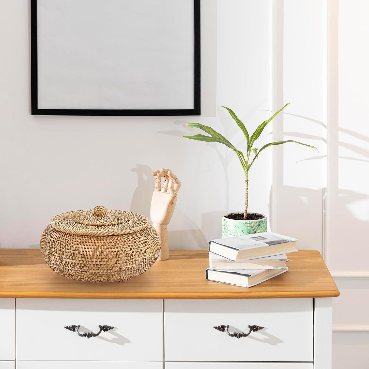 Cesta de Almacenamiento Redonda Hipiwe de Ratán Natural 22.6 cm