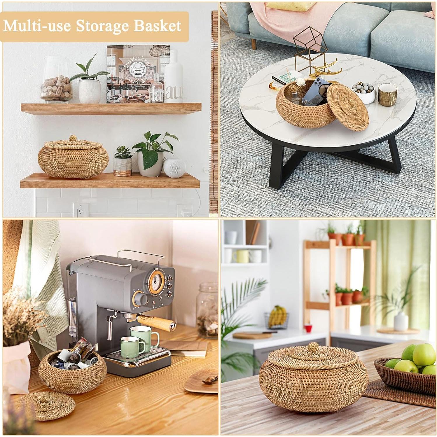 Cesta de Almacenamiento Redonda Hipiwe de Ratán Natural 22.6 cm