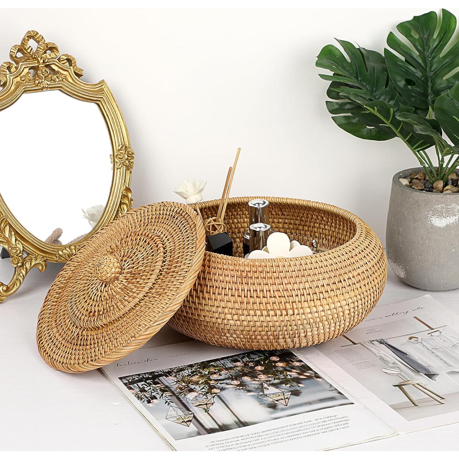 Cesta de Almacenamiento Redonda Hipiwe de Ratán Natural 22.6 cm