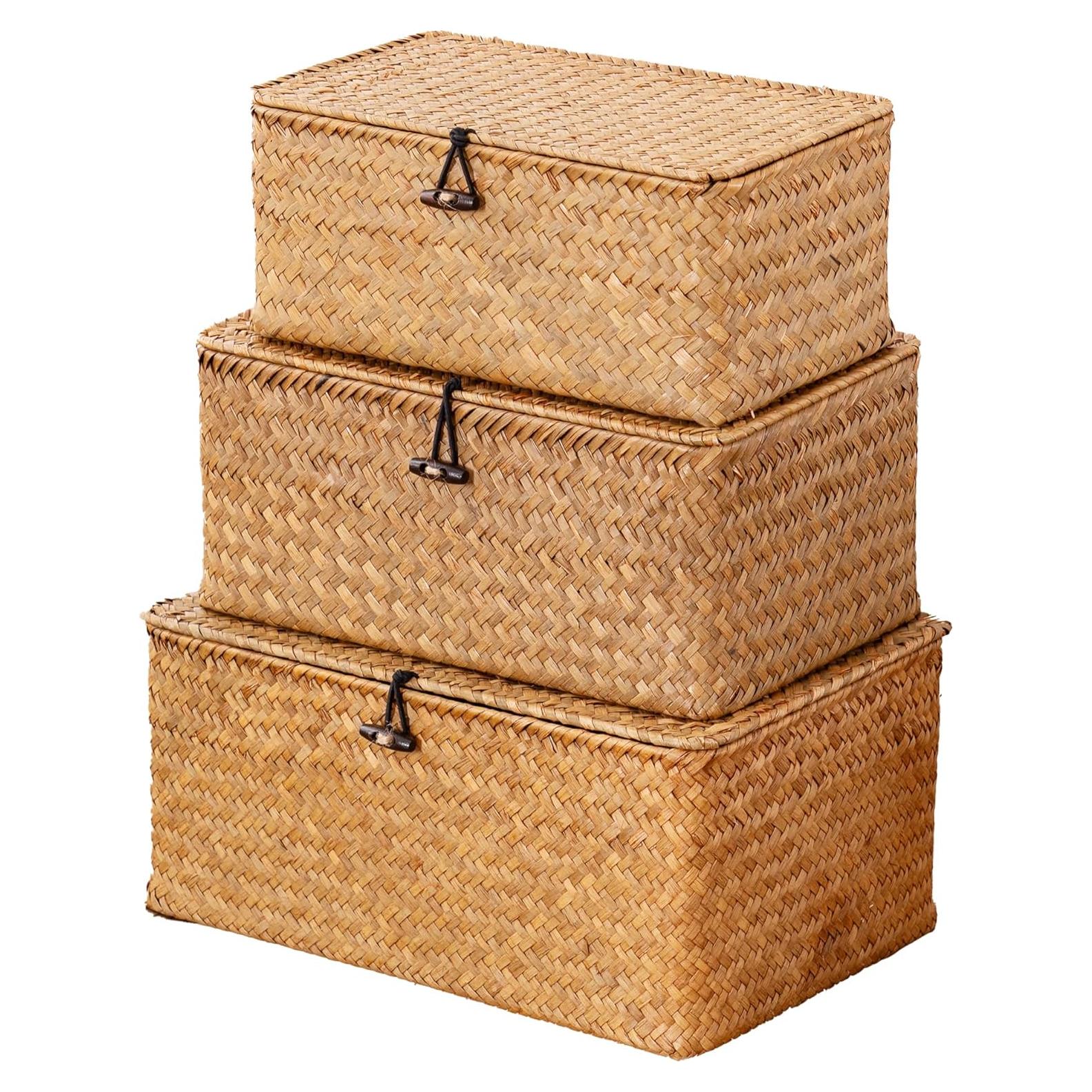 Cestas de almacenamiento de yute Nonam, juego de 3 con tapa