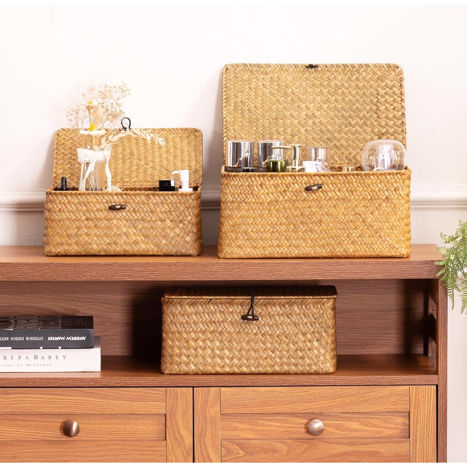 Cestas de almacenamiento de yute Nonam, juego de 3 con tapa