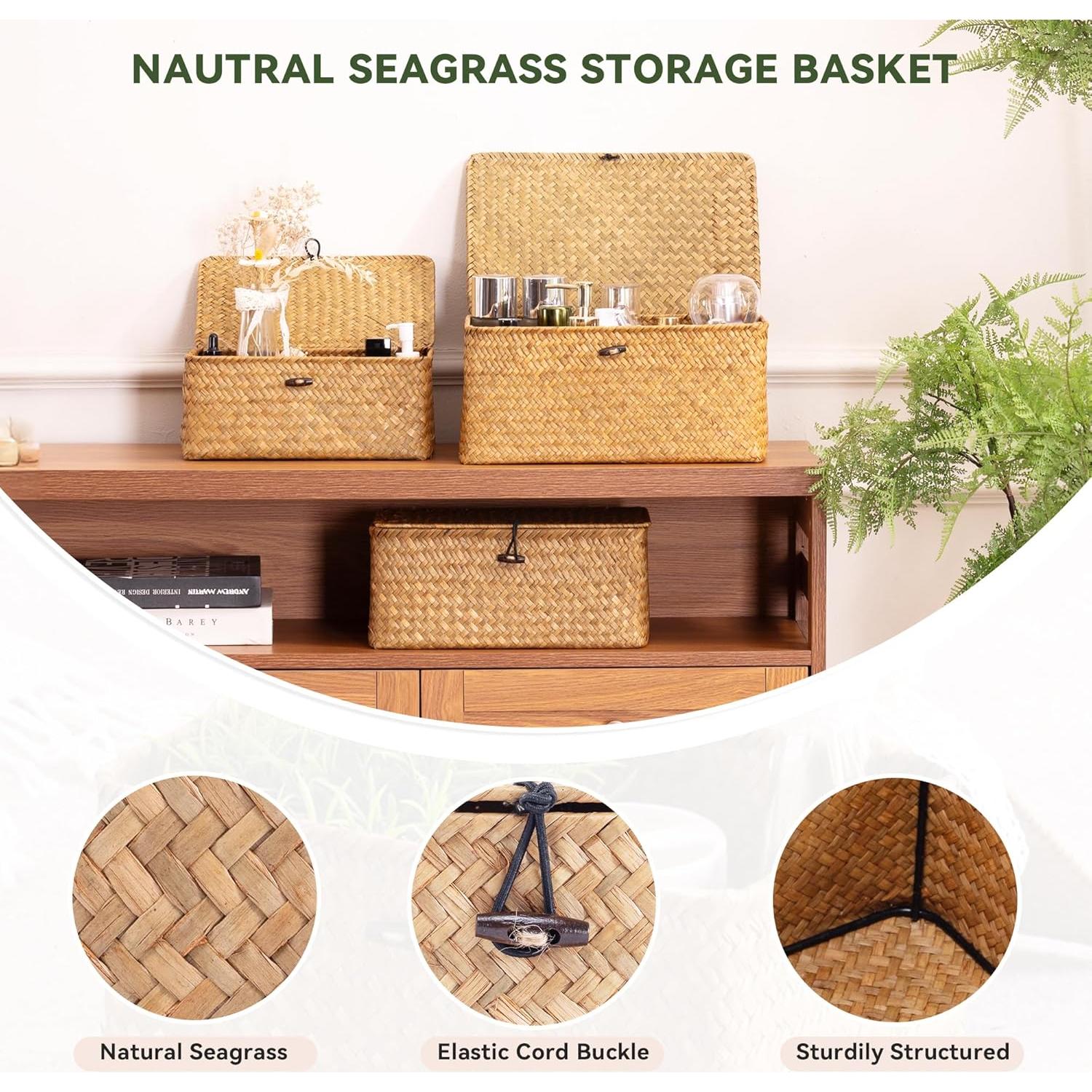 Cestas de almacenamiento de yute Nonam, juego de 3 con tapa