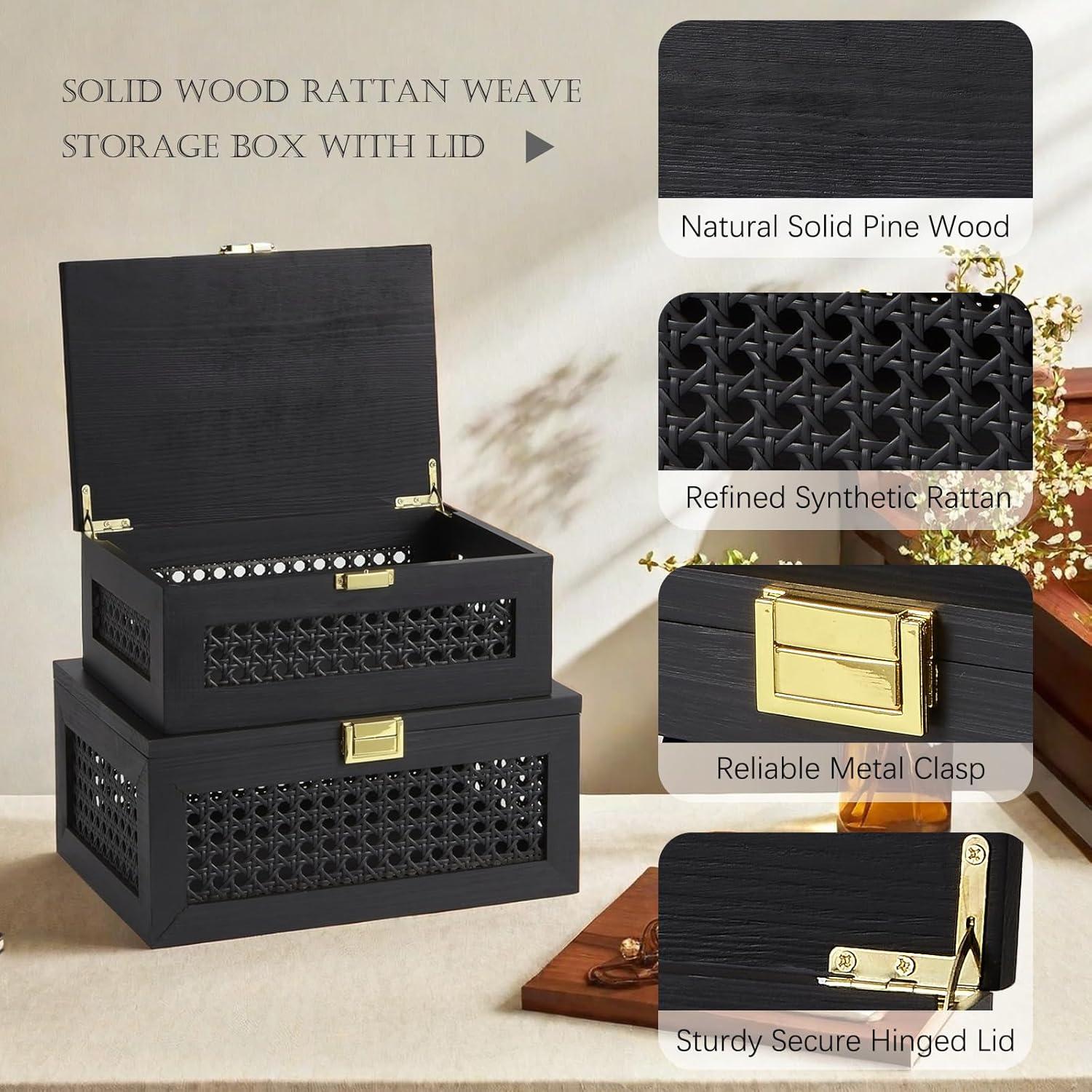 Caja de Almacenamiento Grande VinneGenzz de Madera y Ratán Negro