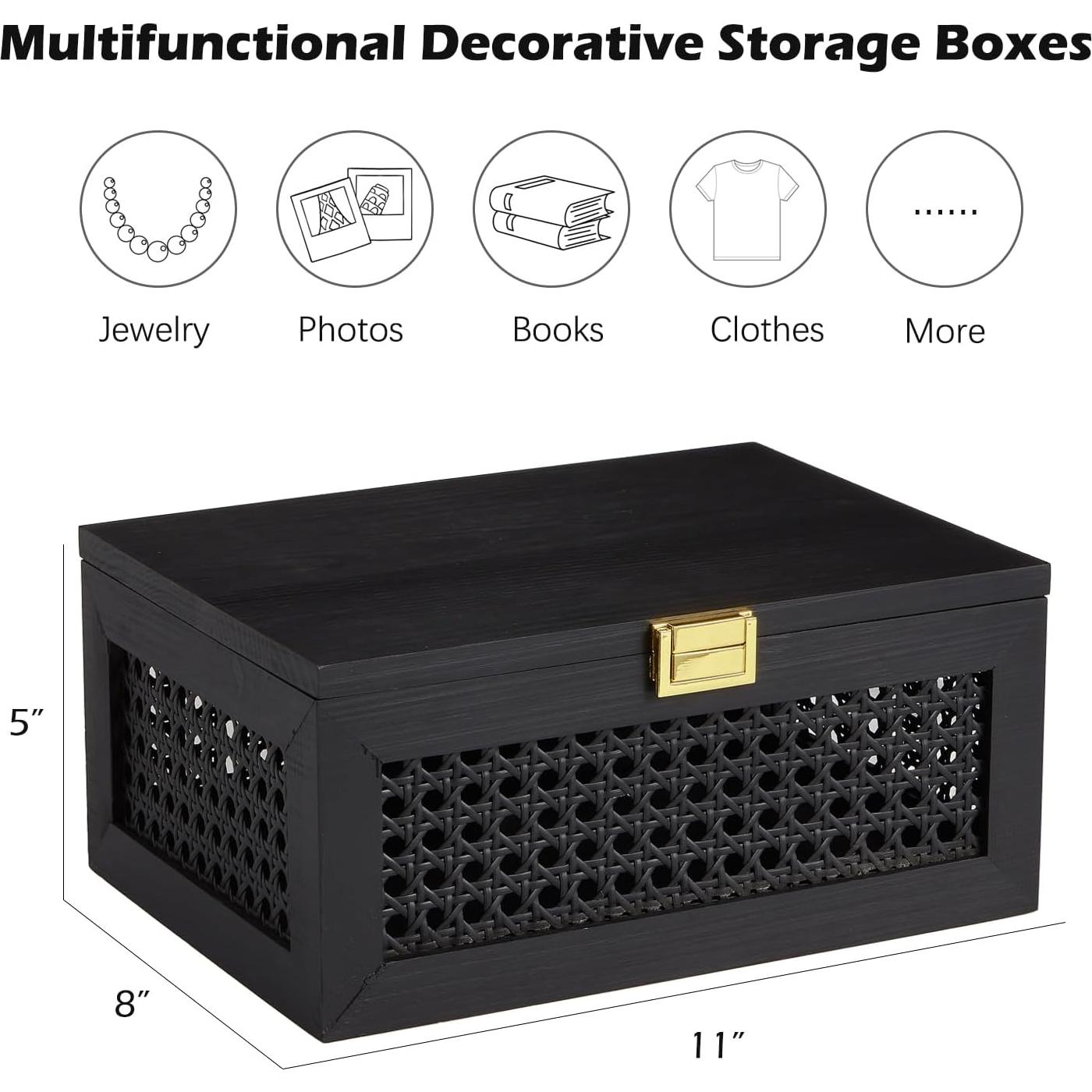 Caja de Almacenamiento Grande VinneGenzz de Madera y Ratán Negro