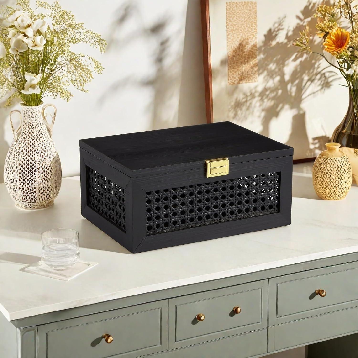 Caja de Almacenamiento Grande VinneGenzz de Madera y Ratán Negro