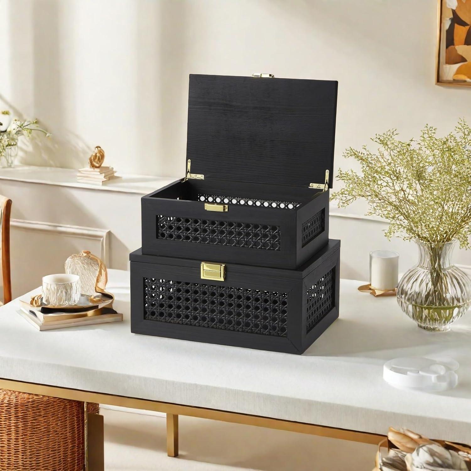 Caja de Almacenamiento Grande VinneGenzz de Madera y Ratán Negro