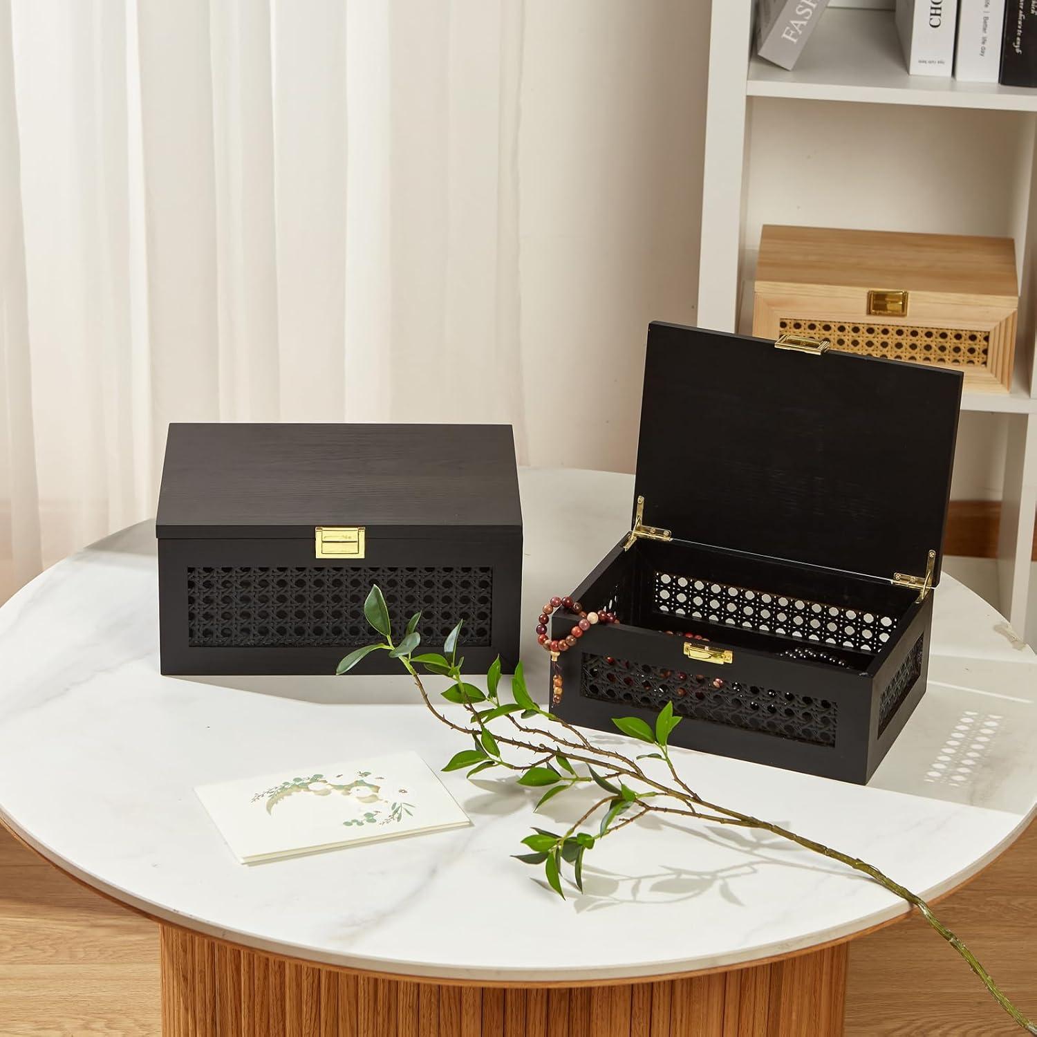 Caja de Almacenamiento Grande VinneGenzz de Madera y Ratán Negro