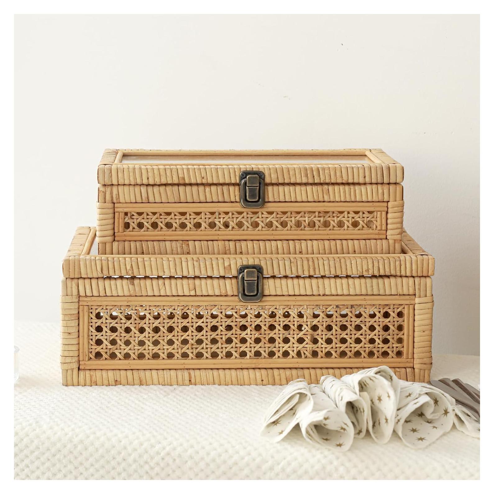 Set de 2 Cajas Apilables de Ratán y Caña con Tapa de Vidrio