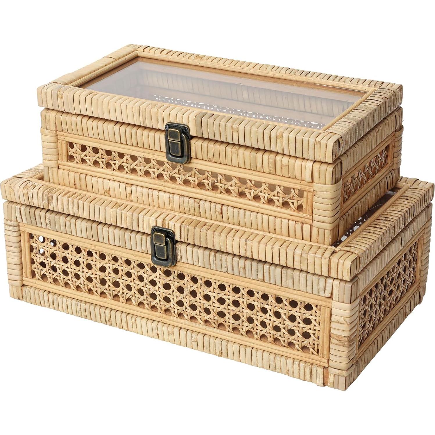 Set de 2 Cajas Apilables de Ratán y Caña con Tapa de Vidrio