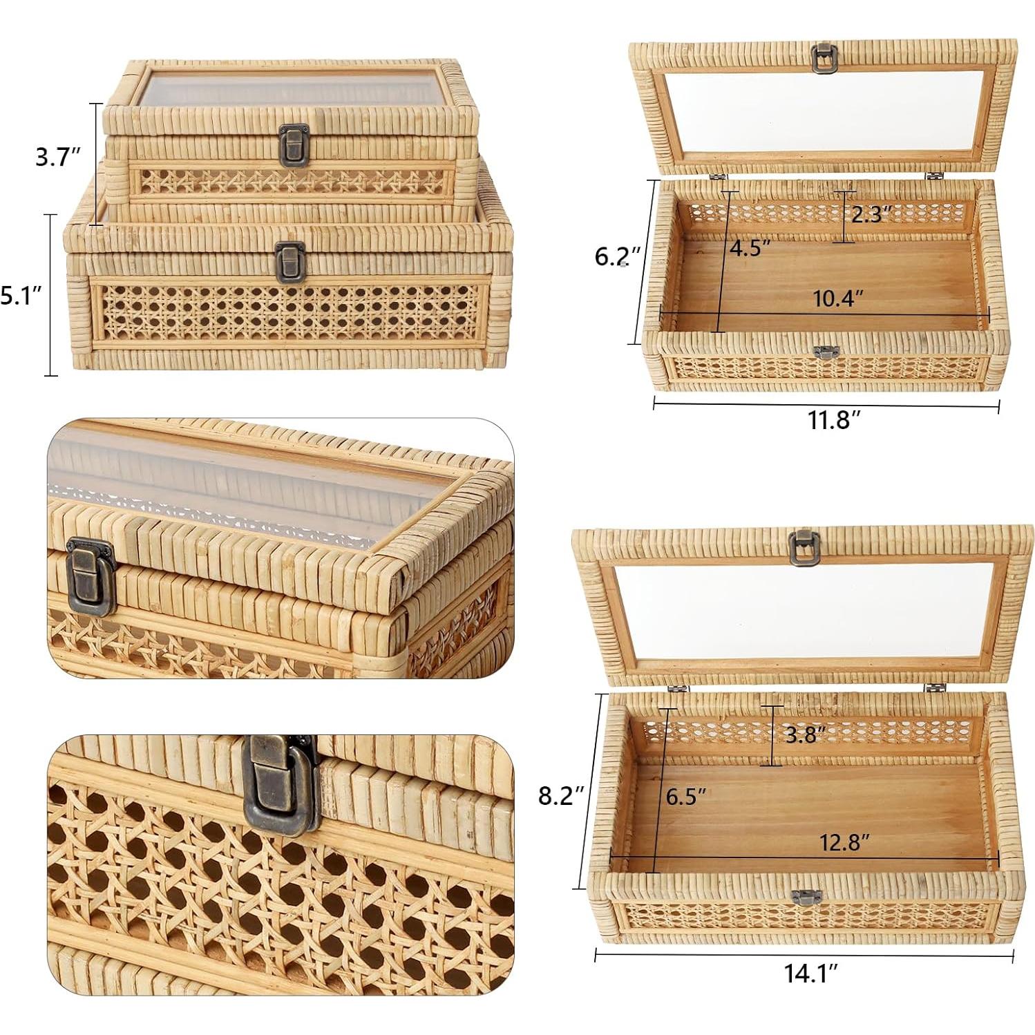 Set de 2 Cajas Apilables de Ratán y Caña con Tapa de Vidrio