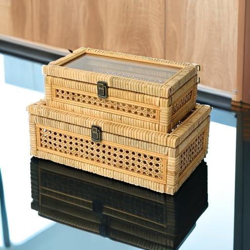 Set de 2 Cajas Apilables de Ratán y Caña con Tapa de Vidrio
