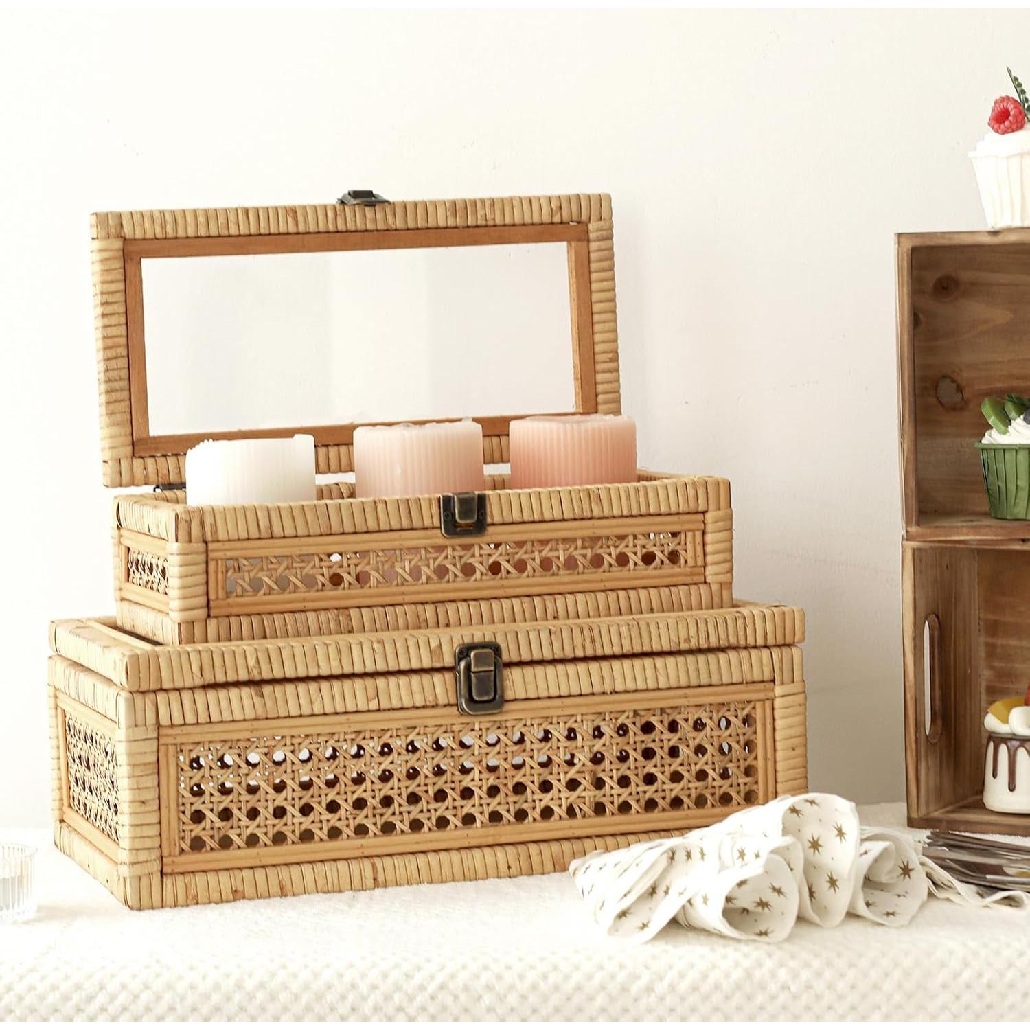 Set de 2 Cajas Apilables de Ratán y Caña con Tapa de Vidrio