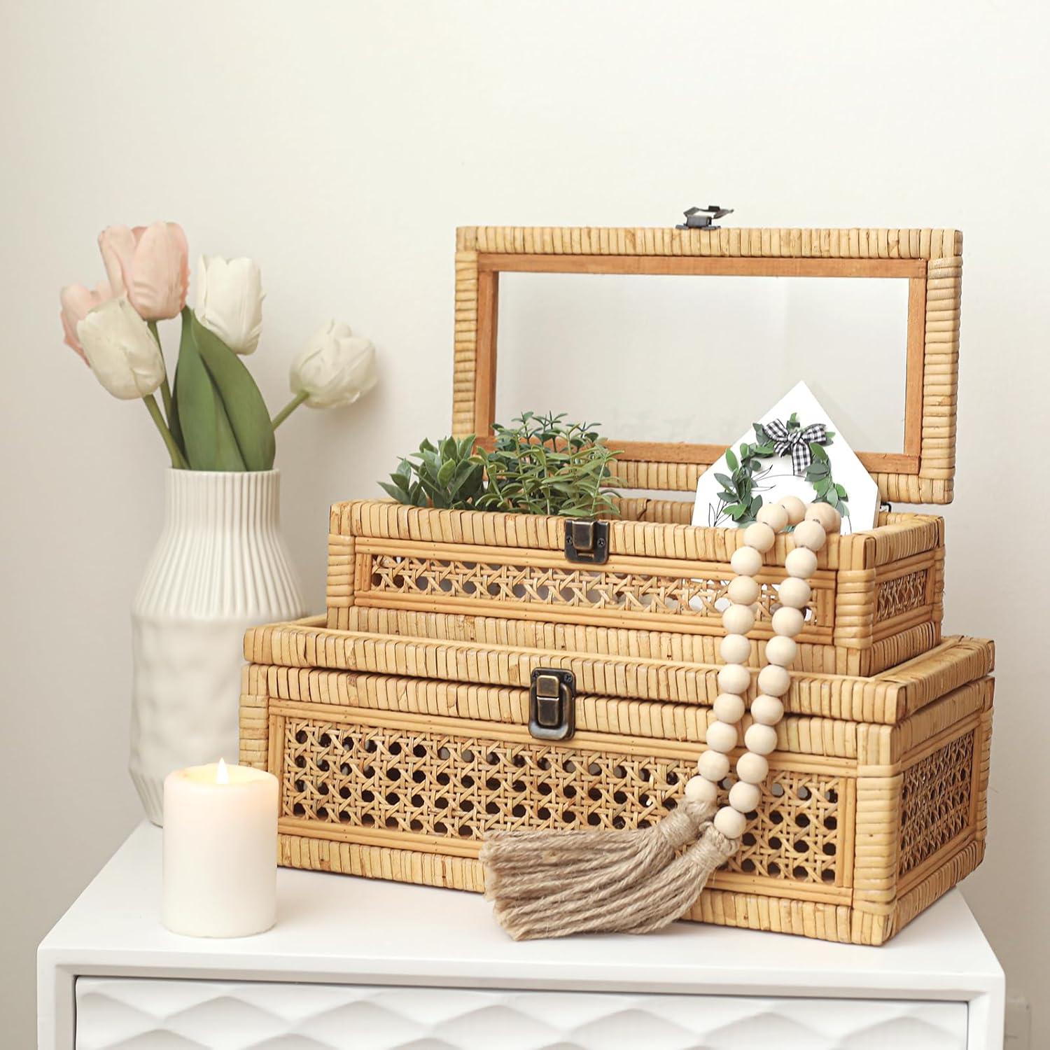 Set de 2 Cajas Apilables de Ratán y Caña con Tapa de Vidrio